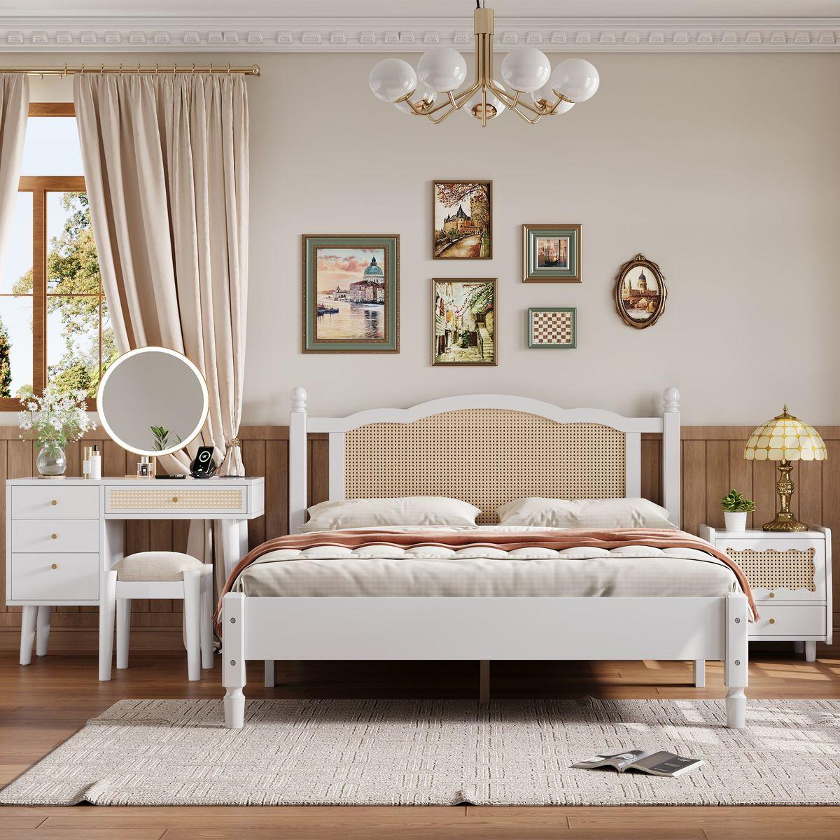 3 Pieces Bedroom Set with Queen Size Wooden Bed Frame, 1 Vintage Nightstand and 1 Makeup Vanity Set with Stool,White