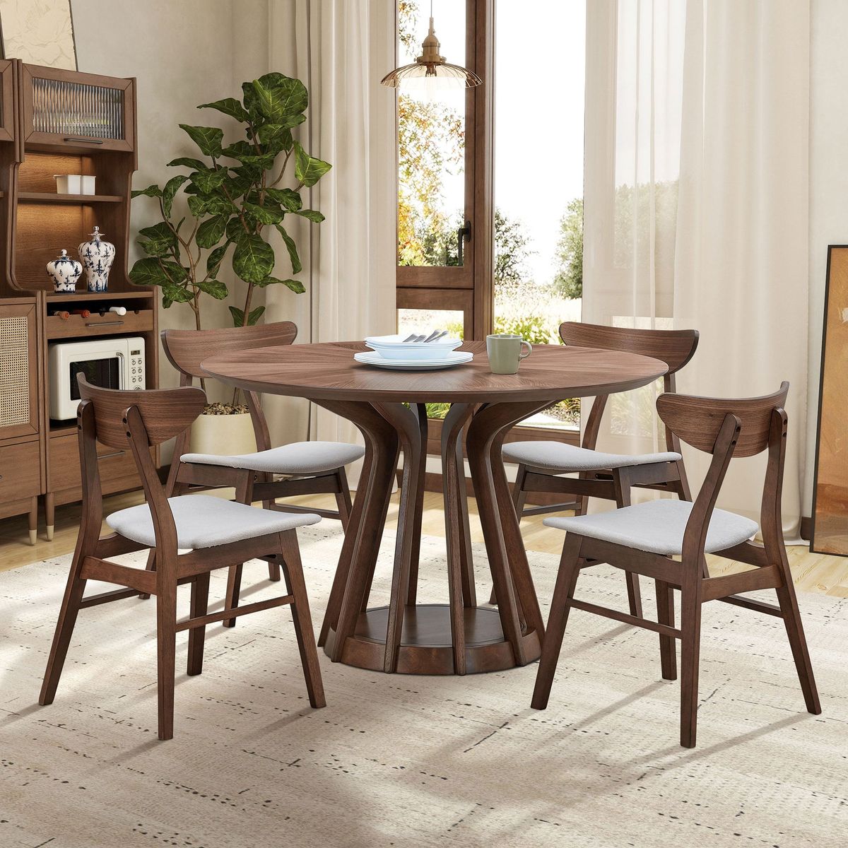 (1 Table+4 Chairs)Modern Dining Table Set of 5 pcs,Wooden Dining Table and Upholstered Chairs for Living Room,Round Kitchen Set with Sturdy Legs for Restaurant,Walnut