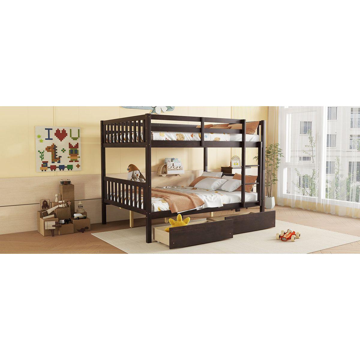 full Over full Rubber Wood Bunk Bed with 2 Drawers, Convertible into 2 full Beds, full Size Bunk Bed with Ladder and Safety Guardrails ,Espresso