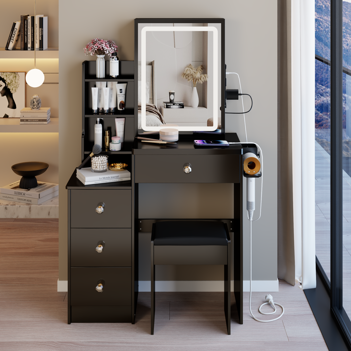 29.2' Small Size Left Bedside Cabinet Vanity Table + Cushioned Stool, 2 AC+2 USB Power Station, Hair dryer bracket, Extra Large Touch Control Sliding LED Mirror, Tri-color Switching, Brightness Adjust