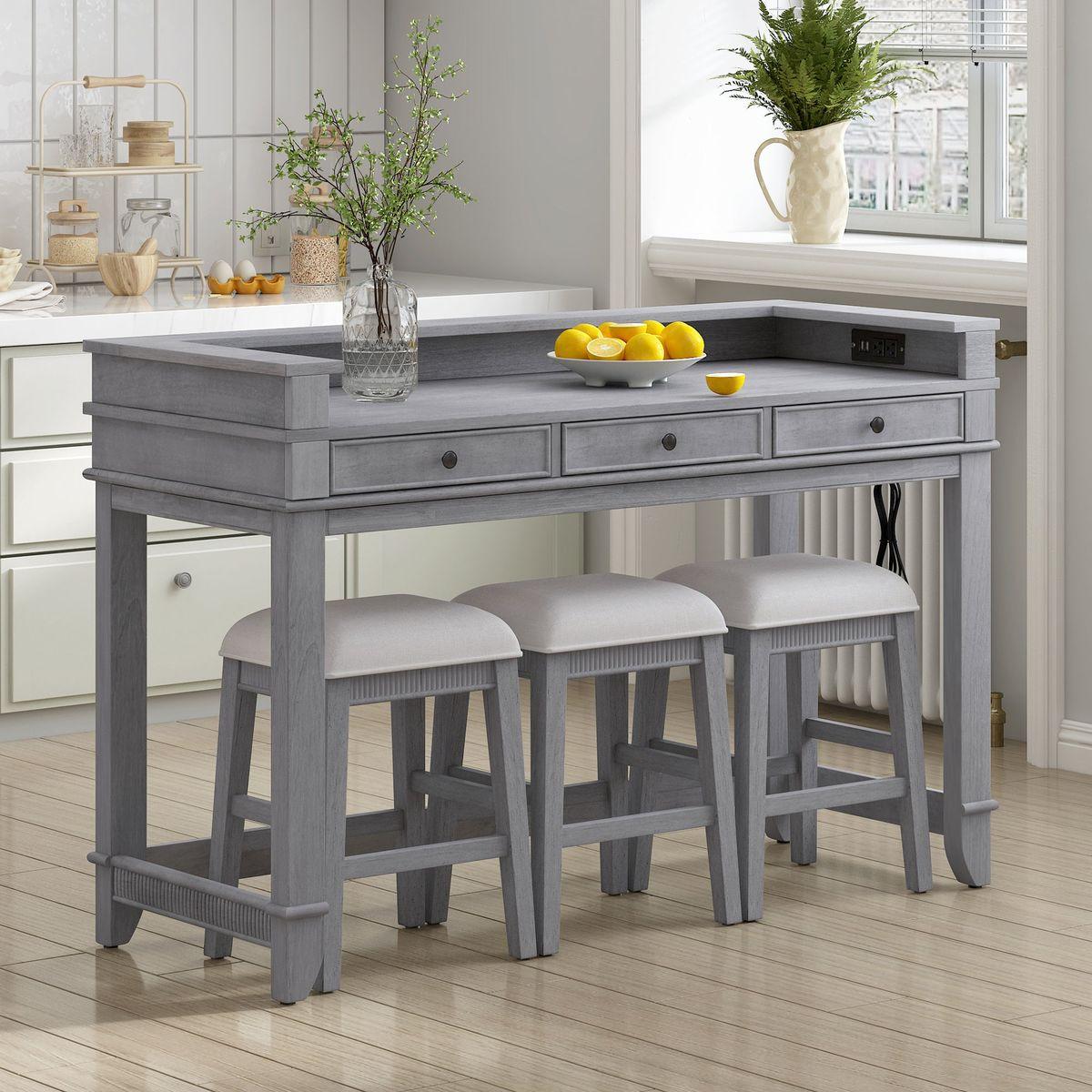 Dining & Tableware: TREXM 4-Piece Dining Table Set for 3, Retro Kitchen Table and Chairs Set with 3 Storage Drawers, Ideal for Small Spaces (Gray) by Streamdale Furniture