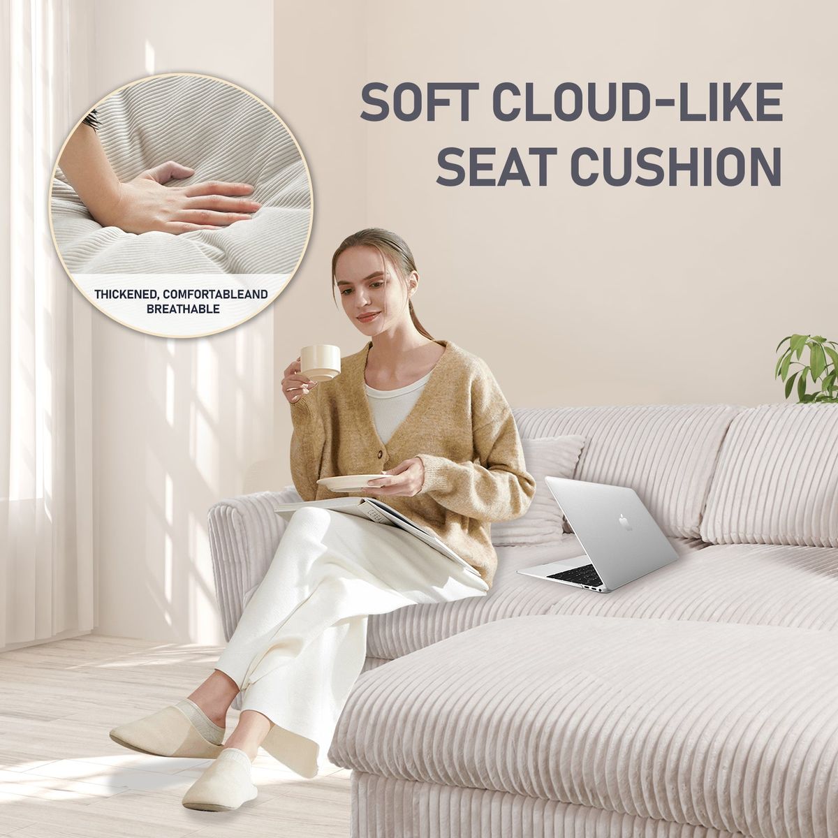 105' Oversized Sectional Sofa Cloud Couch for Living Room, Modern stripe L Shaped Couch, Comfy Boucle Modular Sofa Sleeper with Moveable Ottoman WIth/6 Pillow(WHITE)