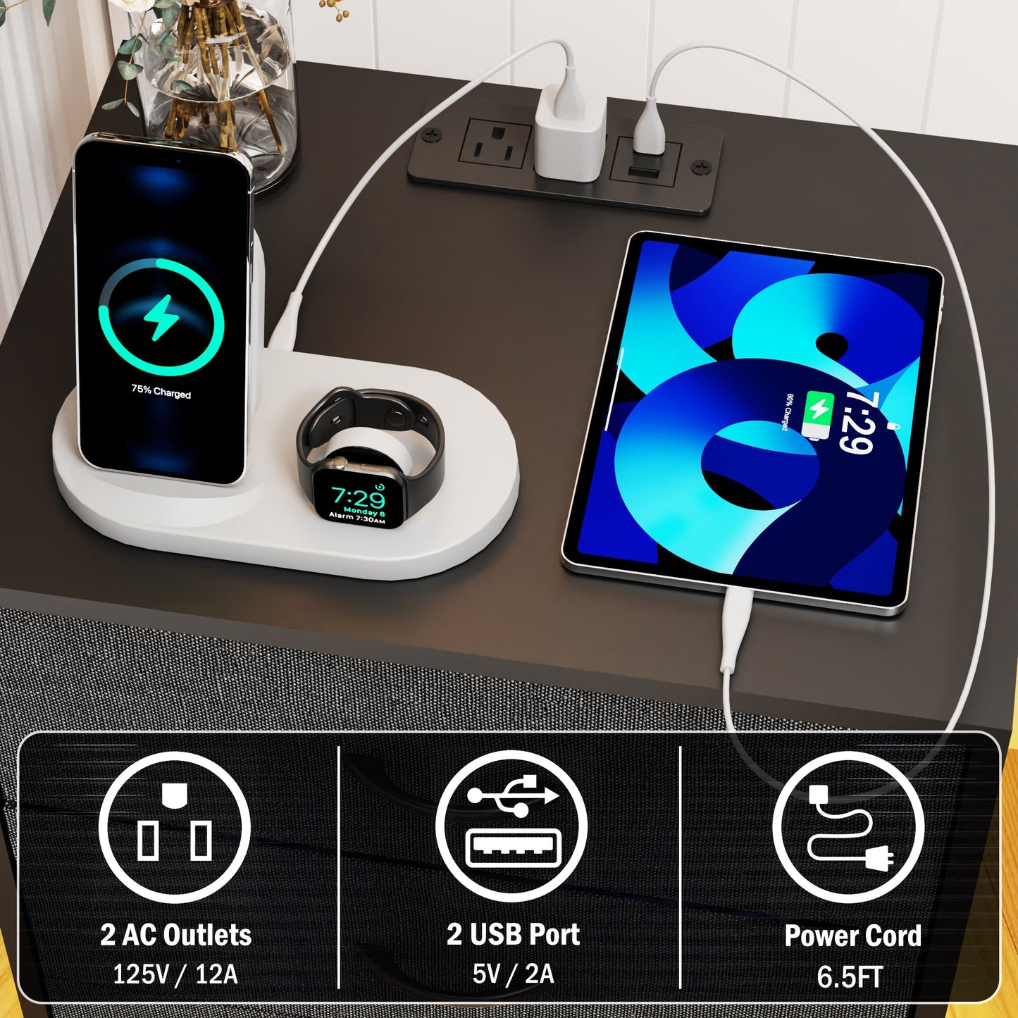 2 Pack Modern Nightstand with Charging Station, Bedside Tables with LED Light and Fabric Drawers