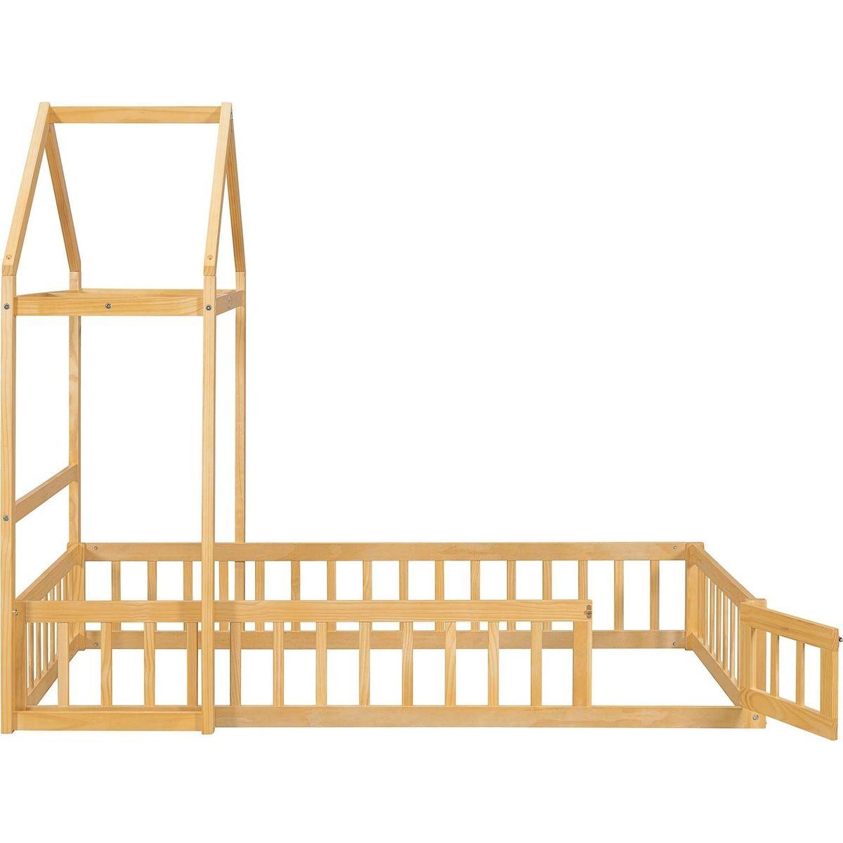 Wooden Floor Bed with Fence Railings and Detachable House Shape Headboard, Twin Size Bed with Kids Dress Up Rack, Kids Montessori Style Playhouse Frame for Girls Boys, Natural