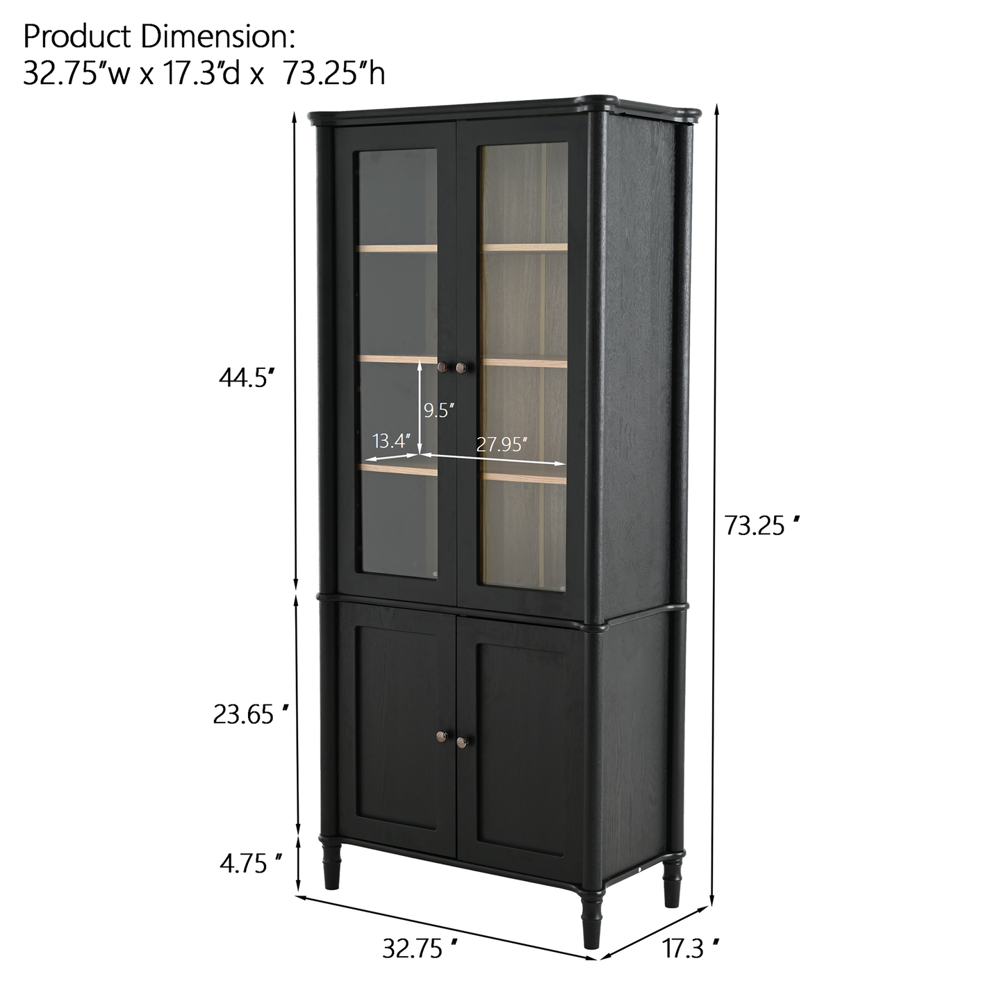Vintage Display Cabinet with Double Glass Doors, Traditional Style for Collectibles - Black, Ash Wood Veneer, 73.25'' Tall