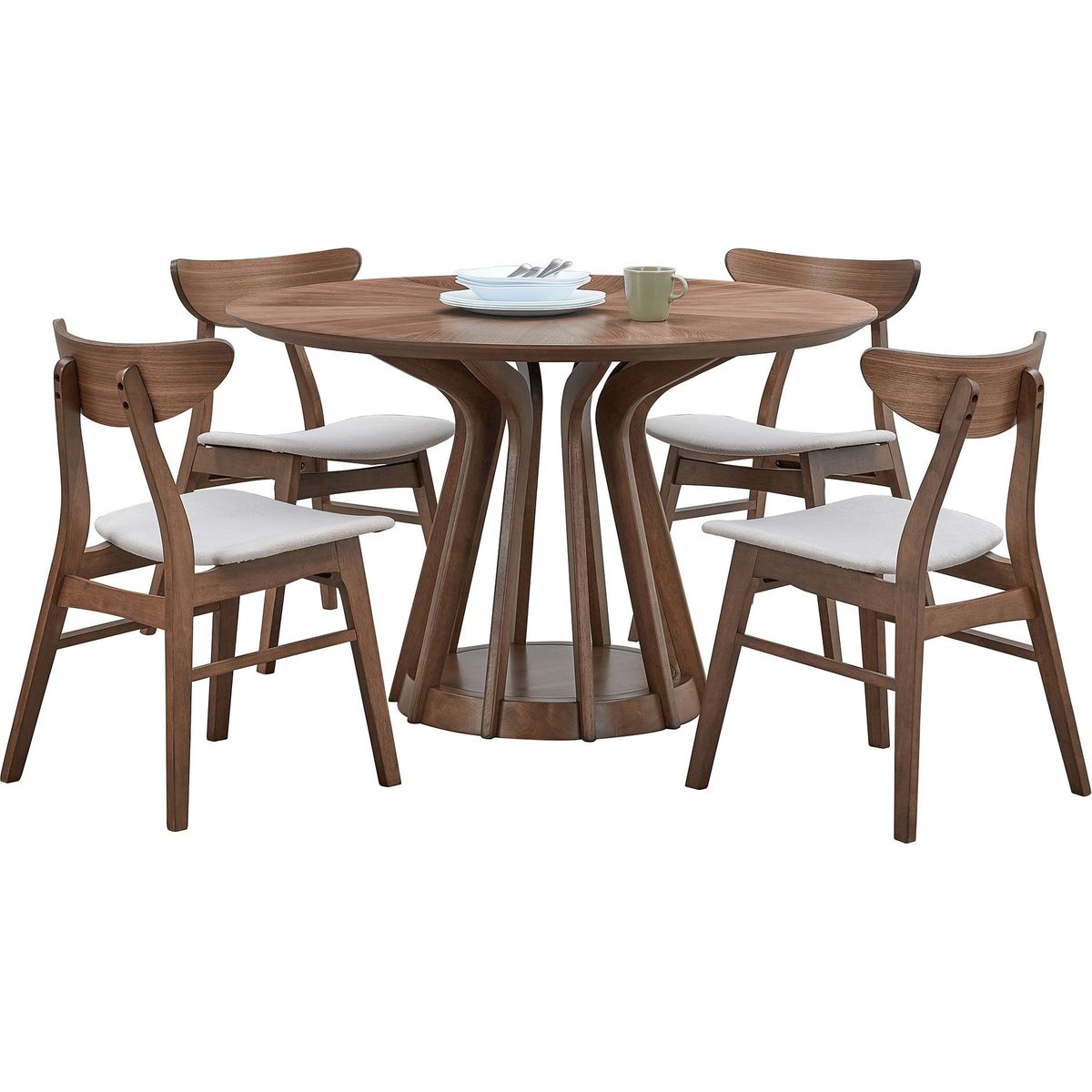 (1 Table+4 Chairs)Modern Dining Table Set of 5 pcs,Wooden Dining Table and Upholstered Chairs for Living Room,Round Kitchen Set with Sturdy Legs for Restaurant,Walnut