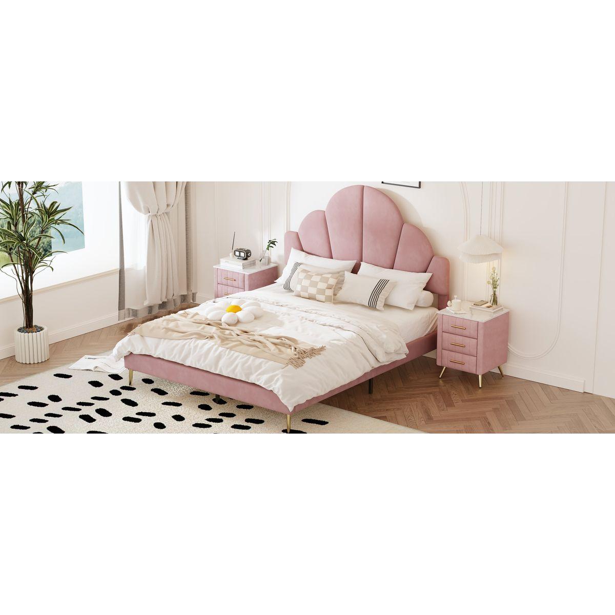 3 Pieces Bedroom Sets, Queen Size Modern Velvet Upholstered Bed Frame with Petal Shape Headboard, 3 Drawers Nightstands, Pink