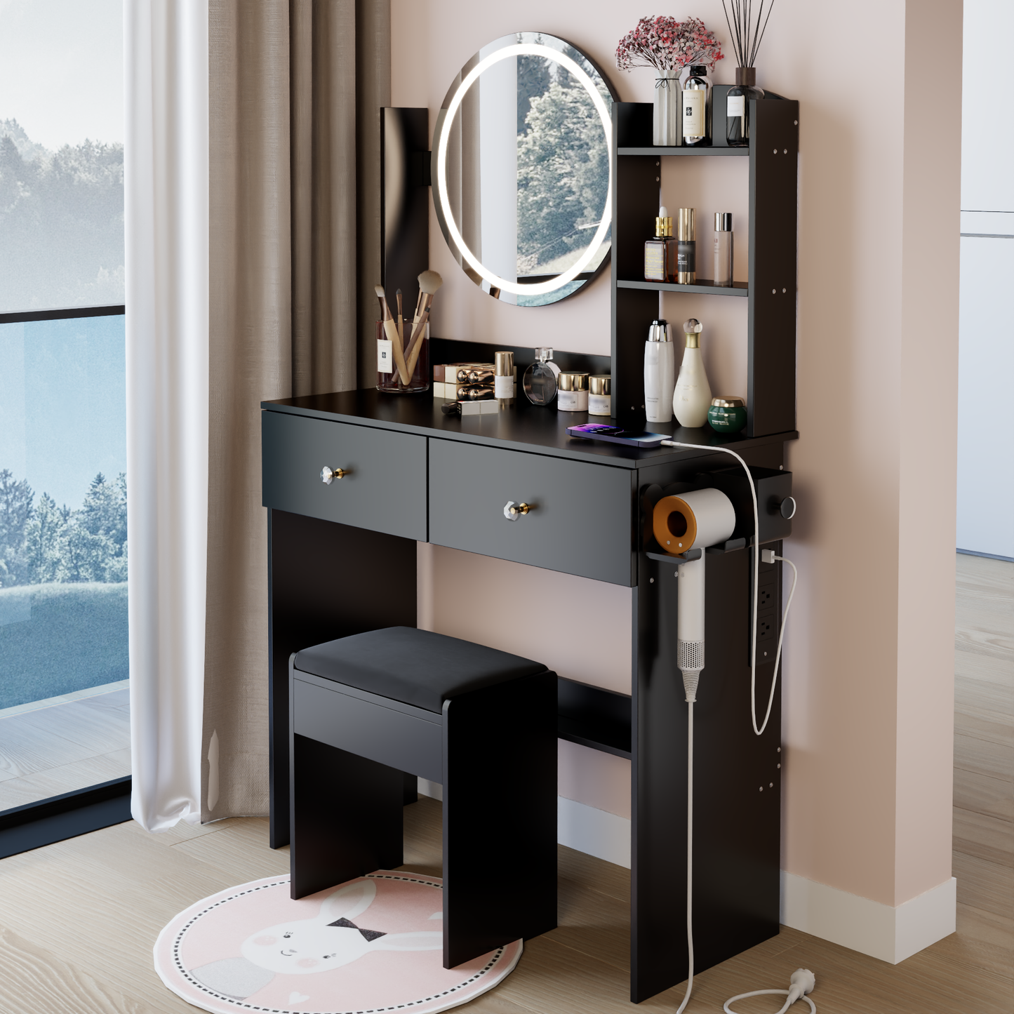 17' Round LED Mirror Vanity Table+Cushioned Stool, Equipped With 2 AC+2 USB Power Socket, Big Mirror, Touch Switch, 3 Colors, Adjustable Brightness, Large Desktop, Multi-layer High Capacity Storage