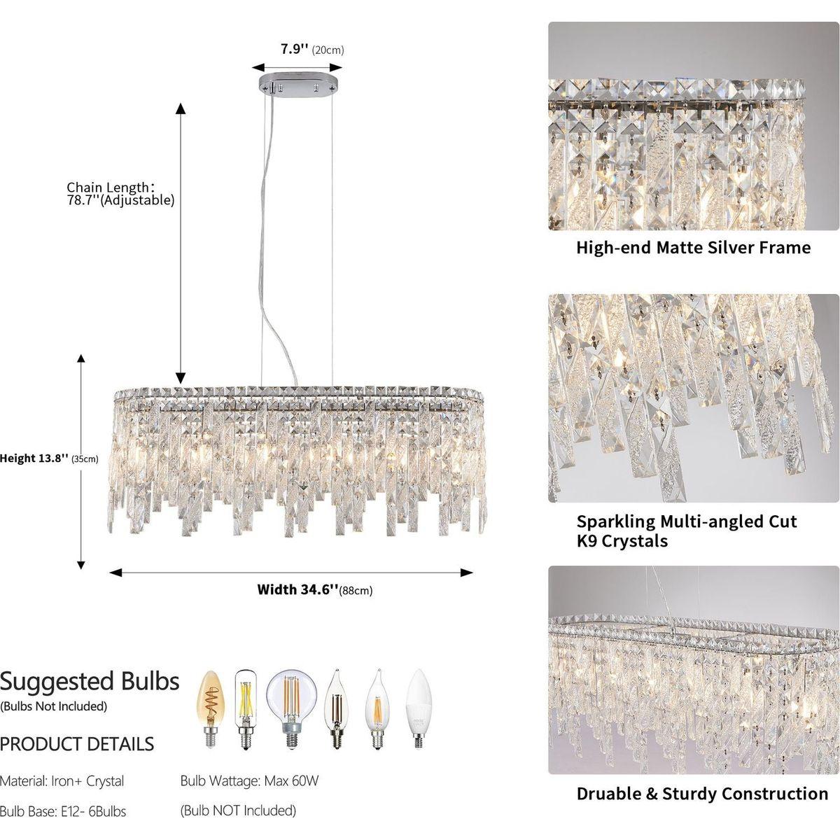 Silver Elegant Oval Crystal Chandelier, Modern Ceiling Light Fixture with Reflective Hanging Crystals for Dining Room, Living Room, and FoyerS (Bulbs Not Included)