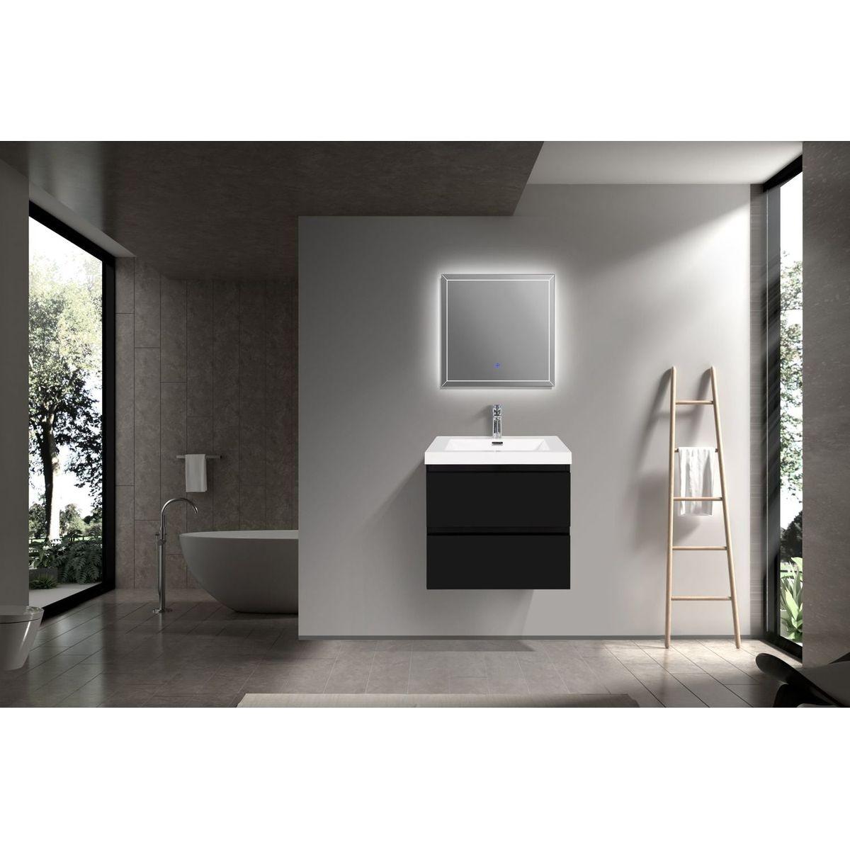 24" Floating Bathroom Vanity with Sink, Modern Wall-Mounted Bathroom Storage Vanity Cabinet with Resin Top Basin and Soft Close Drawers, Glossy Black