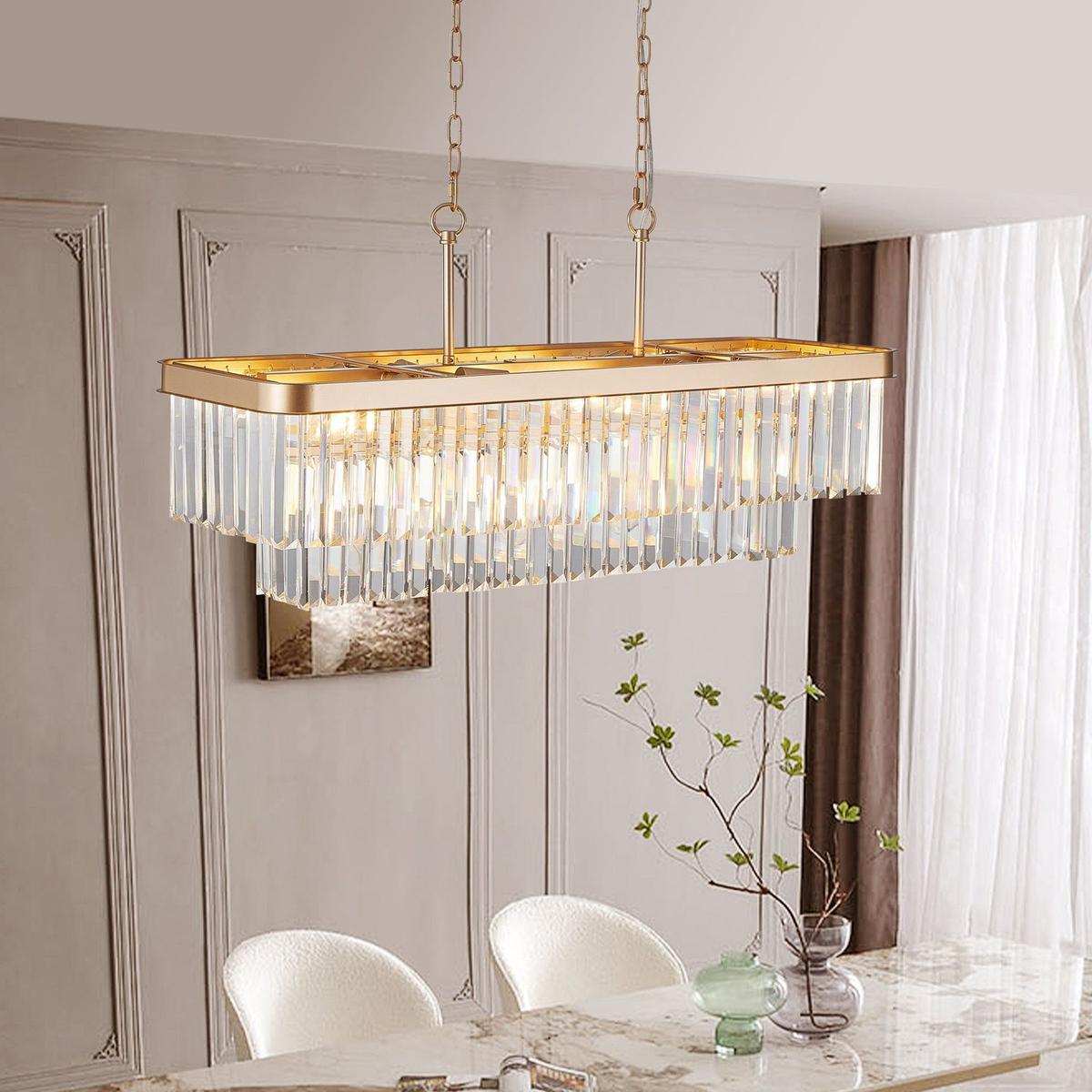 Chandeliers,Rectangular Crystal Chandelier Adjustable,E12 Modern Industrial Crystal Lights,Farmhouse Iron Ceiling Hanging Light for Kitchen Living Room Bedroom/Gold(Bulb Not Included)
