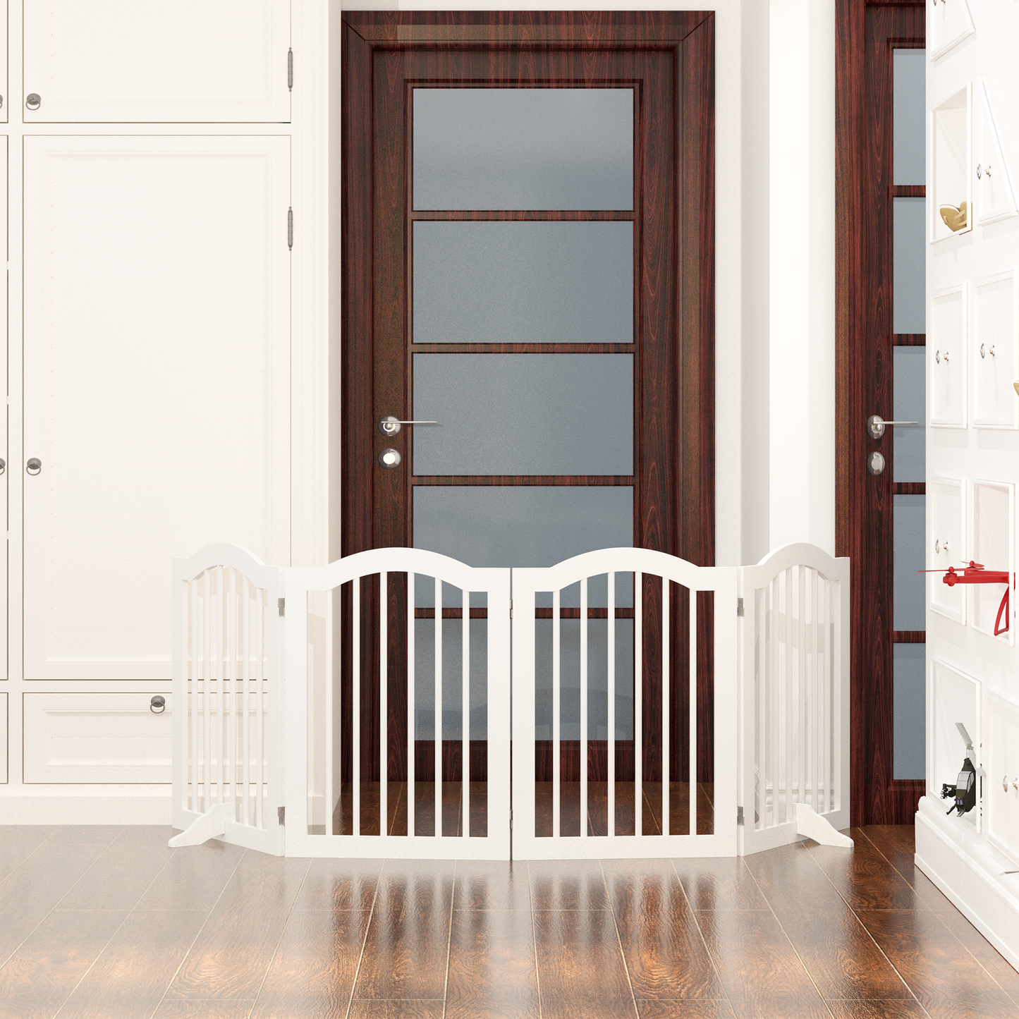 27.6' Height Tall Freestanding Pet Gate, 4 Panels Foldable Dog Gate, Solid Wood Folding Safety Fence Wooden Dog Gate with 2 pcs Support Feet Ideal for Stairs, Doorways, Halls, Kitchens, Heavy Duty Gat
