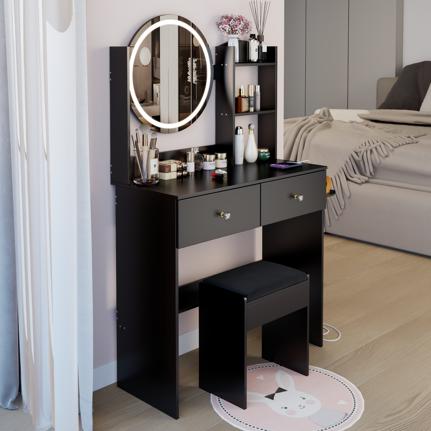 17' Round LED Mirror Vanity Table+Cushioned Stool, Equipped With 2 AC+2 USB Power Socket, Big Mirror, Touch Switch, 3 Colors, Adjustable Brightness, Large Desktop, Multi-layer High Capacity Storage
