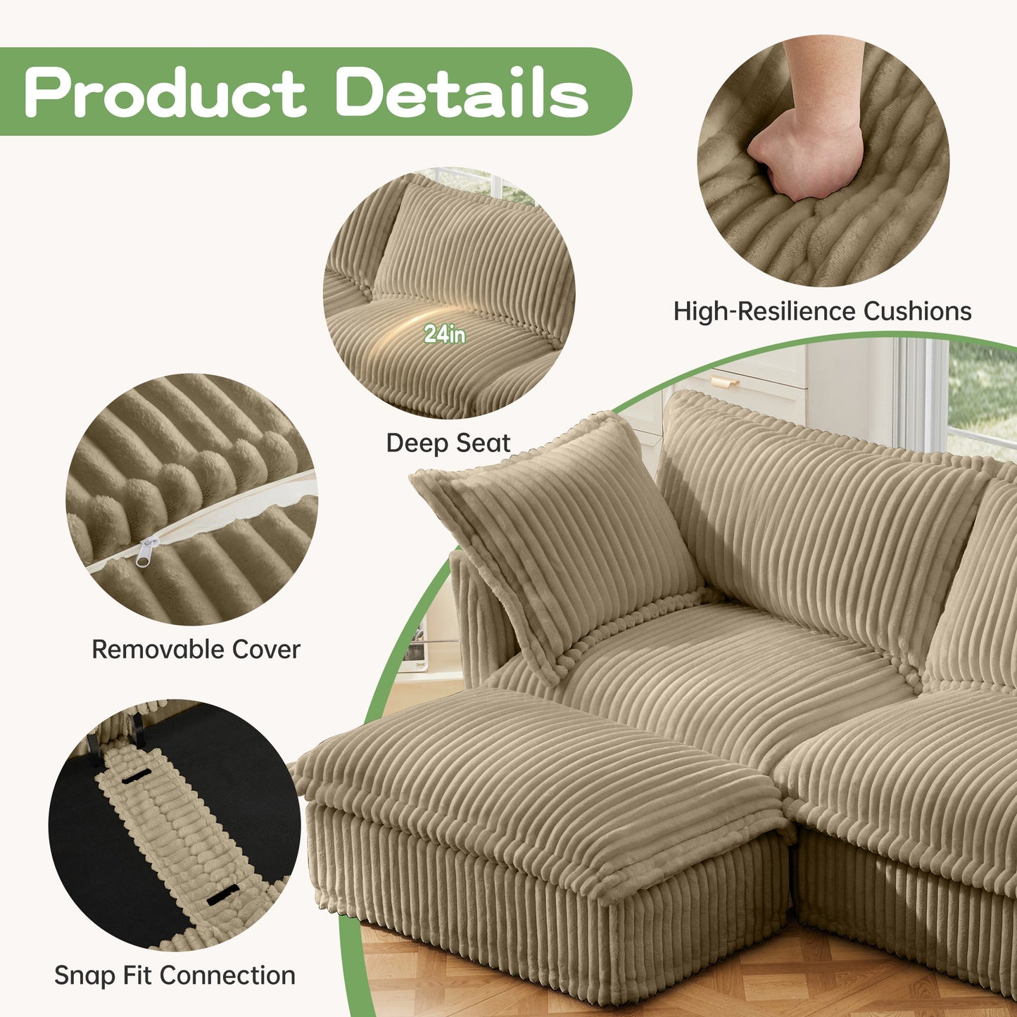 Upholstered Slipcovered Armchair with Ottoman, Deep Seat Armchair W/ Wide Ottoman for Living Room, Armchair Sets with Large Soft Pillows(Set of 2), Camel Corduroy Fabric