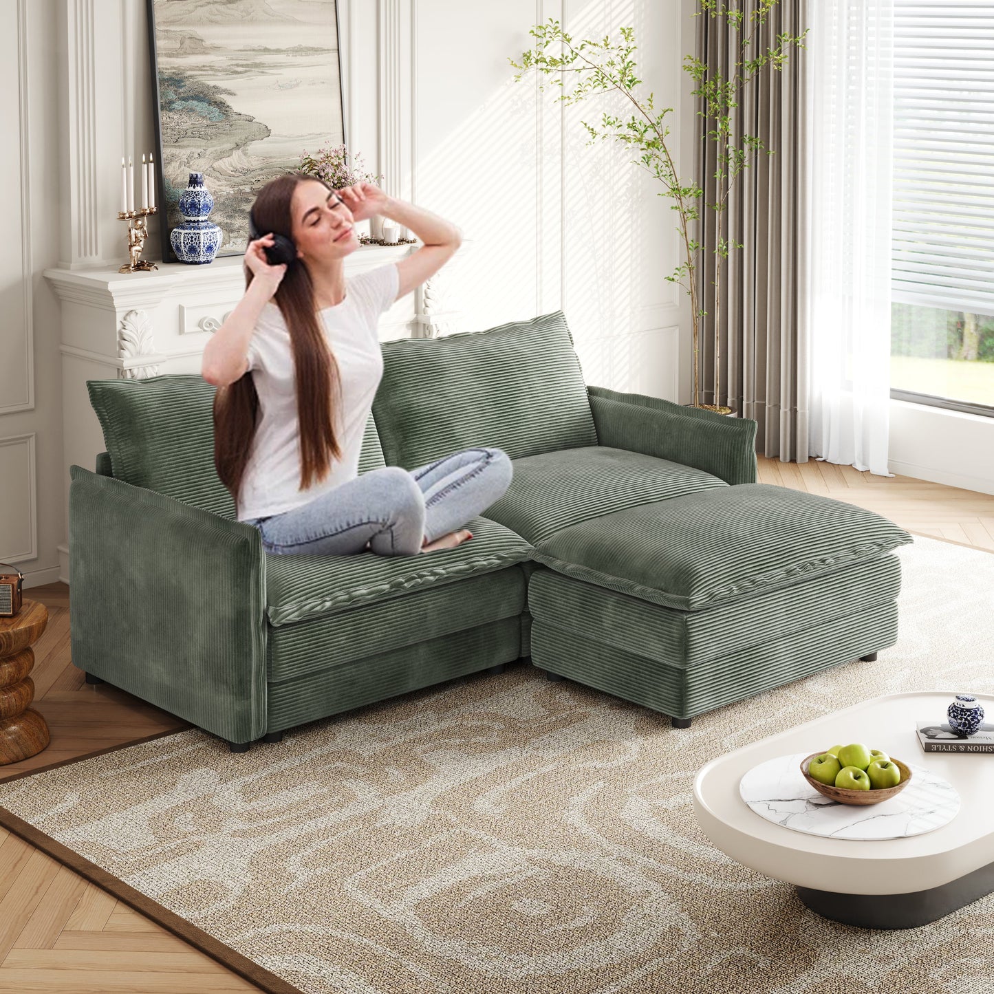 Bedroom Bedding & Decor: Corduroy Fabric Loveseat Sofa Couch with 1 Footrest for Living Room,2 Seater L-Shaped Sectional with Ottoman, Upholstered Large Size Deep Seat 2-Seat Sofa with 2 cushions by Streamdale Furniture