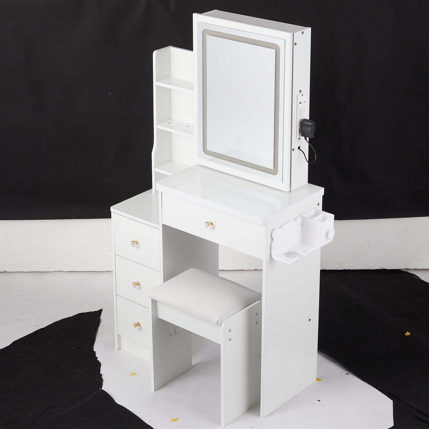 29.2' Small Size Left Bedside Cabinet Vanity Table + Cushioned Stool, 2 AC+2 USB Power Station, Hair dryer bracket, Extra Large Touch Control Sliding LED Mirror, Tri-color Switching, Brightness Adjust