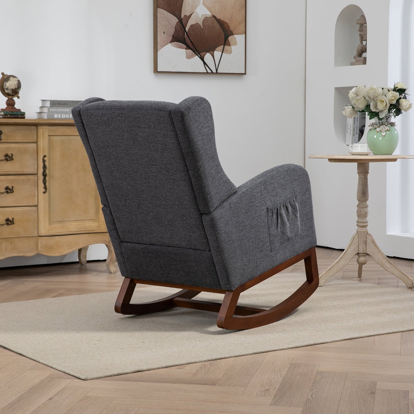 25.4'W Modern Rocking Chair for Nursery, Mid Century Accent Arm Rocker With Retractable Footrest, Side Pocket, Comfy Upholstered Wingback Wooden Glider Chair for Living Room Baby Kids Room. Charcoal