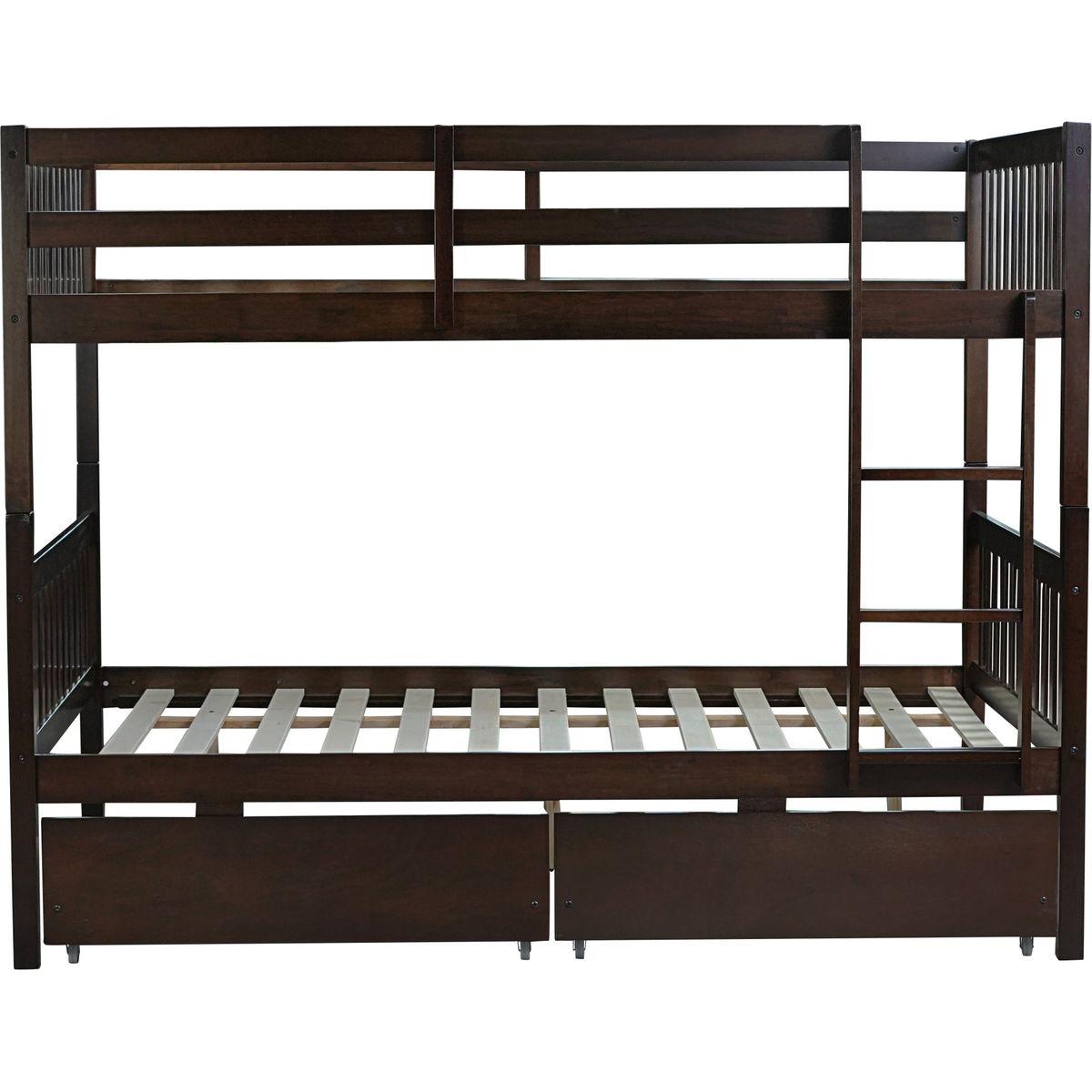 full Over full Rubber Wood Bunk Bed with 2 Drawers, Convertible into 2 full Beds, full Size Bunk Bed with Ladder and Safety Guardrails ,Espresso