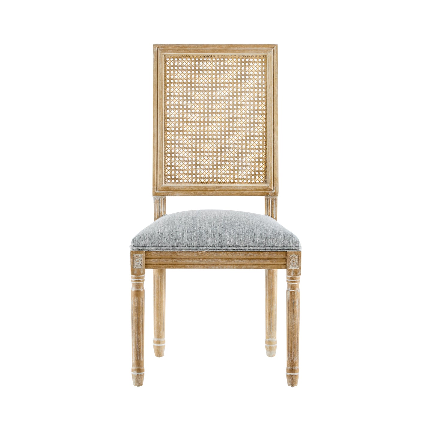 Vintage Inspired French Country Dining Chairs Set - Elegant Cane Backrest & Upholstered Seats - Rustic Weathered Finish - Solid Rubberwood Frame