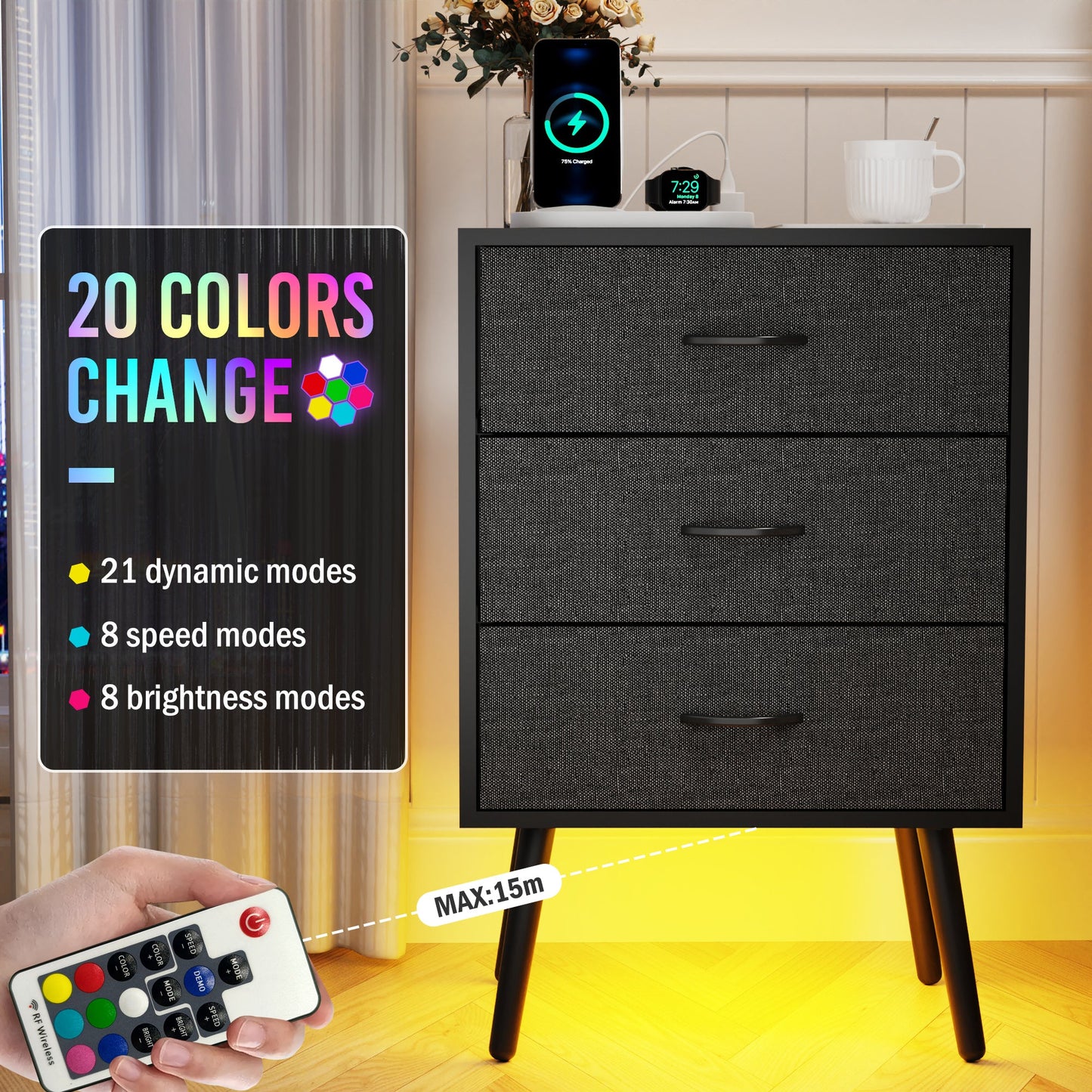 2 Pack Modern Nightstand with Charging Station, Bedside Tables with LED Light and Fabric Drawers