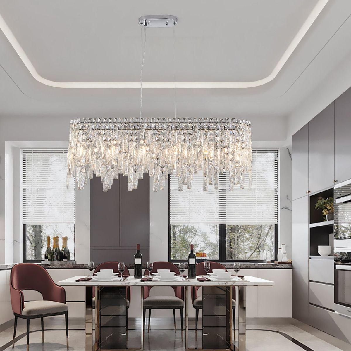 Silver Elegant Oval Crystal Chandelier, Modern Ceiling Light Fixture with Reflective Hanging Crystals for Dining Room, Living Room, and FoyerS (Bulbs Not Included)