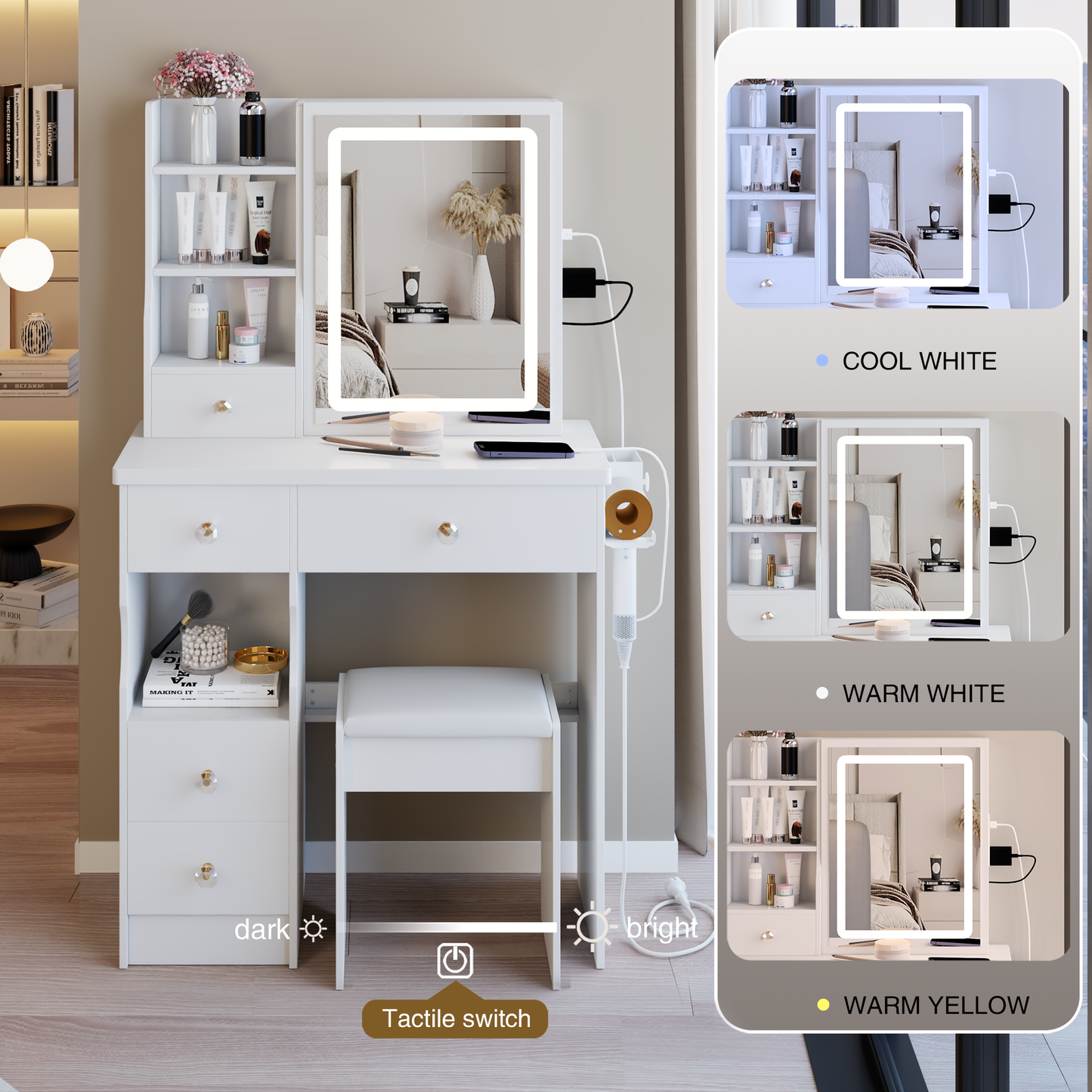 29.2' Small Size Left Drawer Desktop Vanity Table + Cushioned Stool, 2 AC+2 USB Power Station, Hair dryer bracket, Extra Large Touch Control Sliding LED Mirror, Tri-color Switching, Brightness Adjust