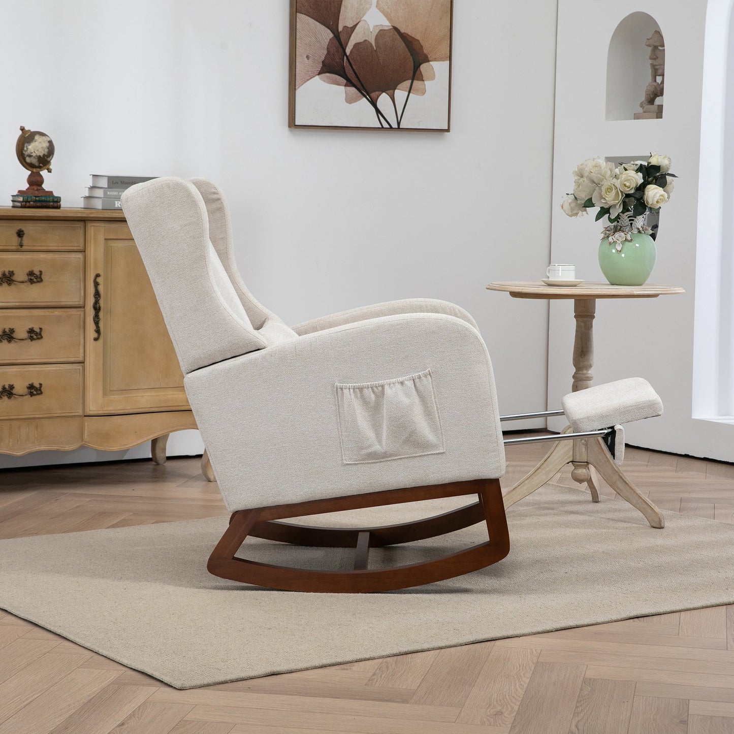 25.4'W Modern Rocking Chair for Nursery, Mid Century Accent Arm Rocker With Retractable Footrest, Side Pocket, Comfy Upholstered Wingback Wooden Glider Chair for Living Room Baby Kids Room. Beige