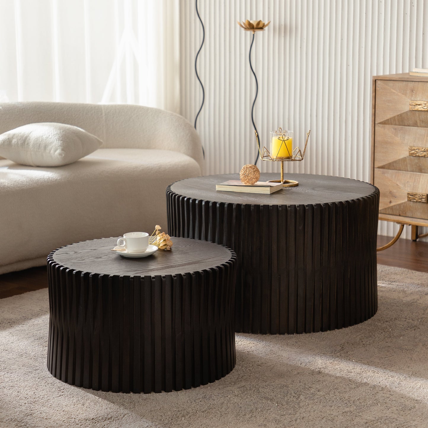 Vintage Fashion Style Cylindrical Nesting Coffee Table Set with Vertical Textured Embossed Design for Living Room, Office and Dining Room, Dark Brown (Set of 2)