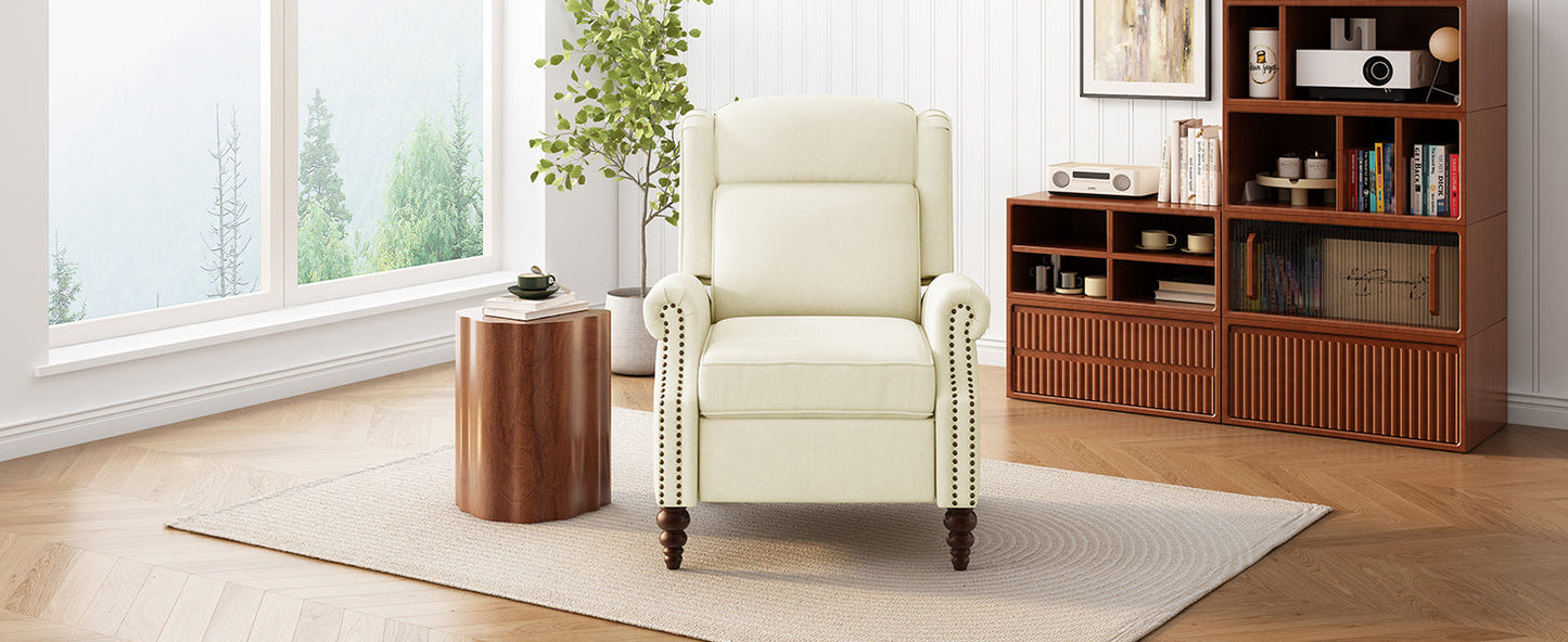 Upholstered Push Back Recliner Chair with Classic Wing Back, Beige Chenille, 29.75'