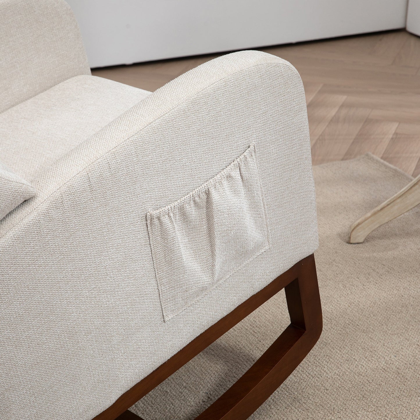 25.4'W Modern Rocking Chair for Nursery, Mid Century Accent Arm Rocker With Retractable Footrest, Side Pocket, Comfy Upholstered Wingback Wooden Glider Chair for Living Room Baby Kids Room. Beige