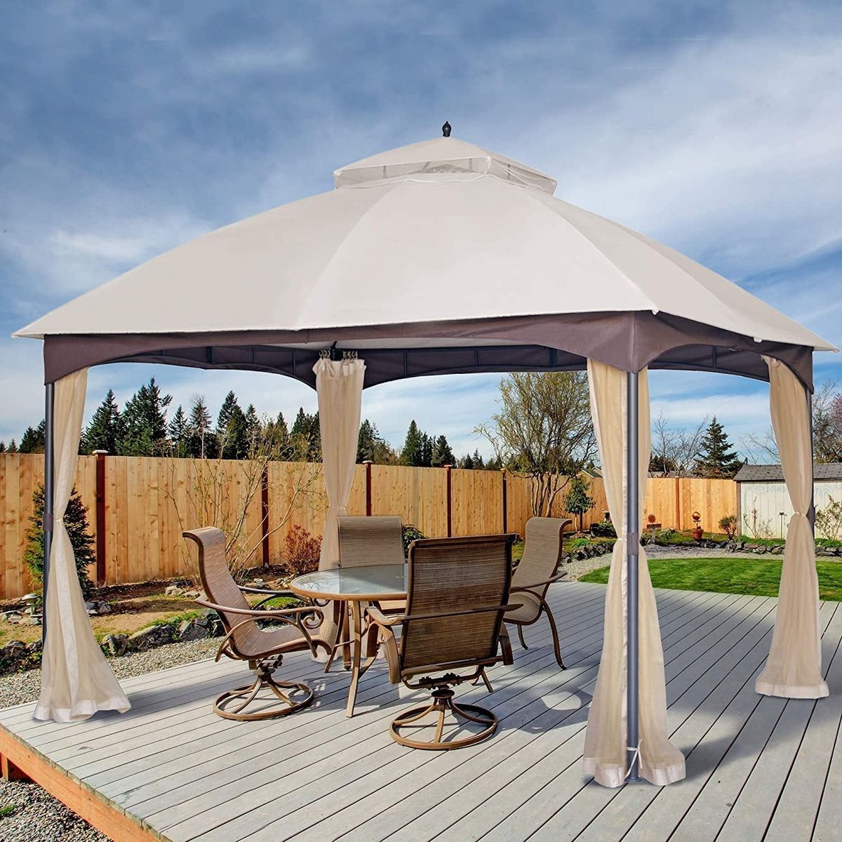 10x12 FT Softtop Metal Gazebo with Mosquito Net&Sunshade Curtains,Sturdy Heavy Duty Double Roof Canopy,Galvanized Steel Design Outdoor Tent,Suitable for Gardens,Patio,Backyard