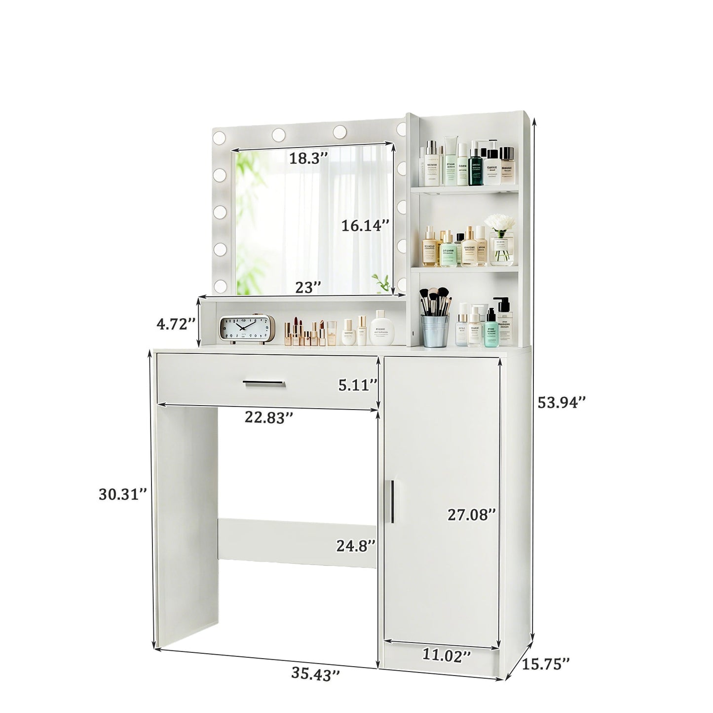 Vanity Desk with Mirror and Adjustable LED Lights, 3 Lighting Modes, Drawer and Storage Cabinet, White MDF