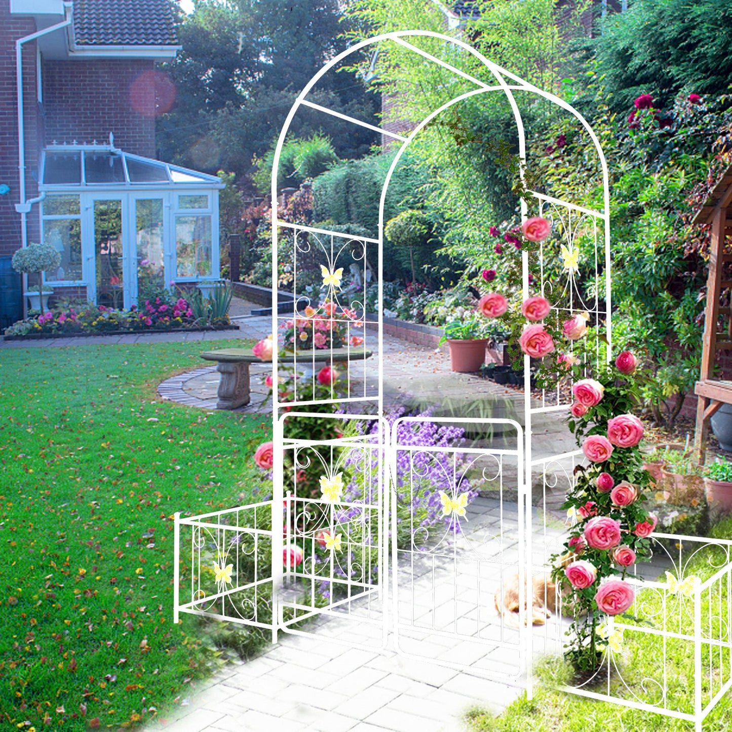 Metal Garden Arch with Gate 79.5'' Wide x 86.6'' High Climbing Plants Support Rose Arch Outdoor Cream White