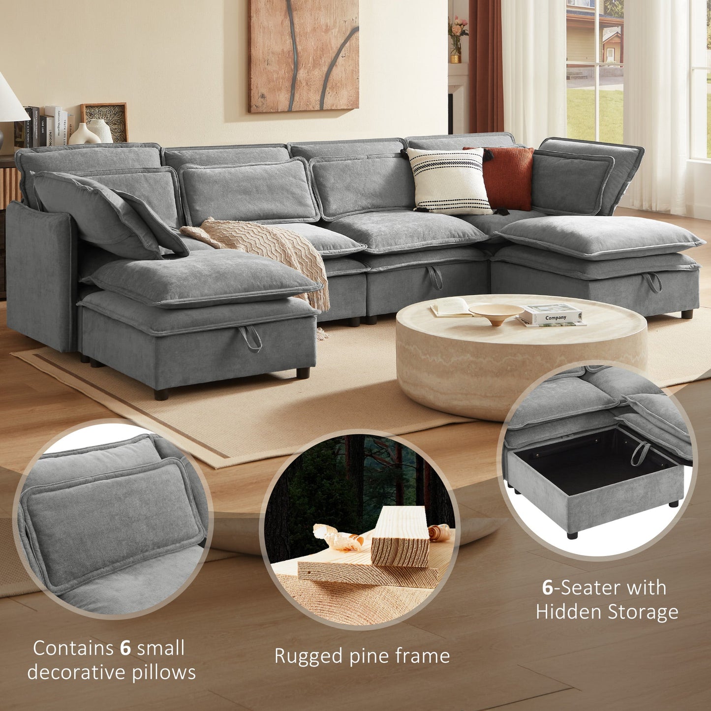 U_Style Double-Layer Cushion Modern Large U-Shaped Modular Sofa, Freely Combinable 6-Seater with Storage Function, Convertible to Sofa Bed, Perfect for Living Rooms, Offices, and Apartments