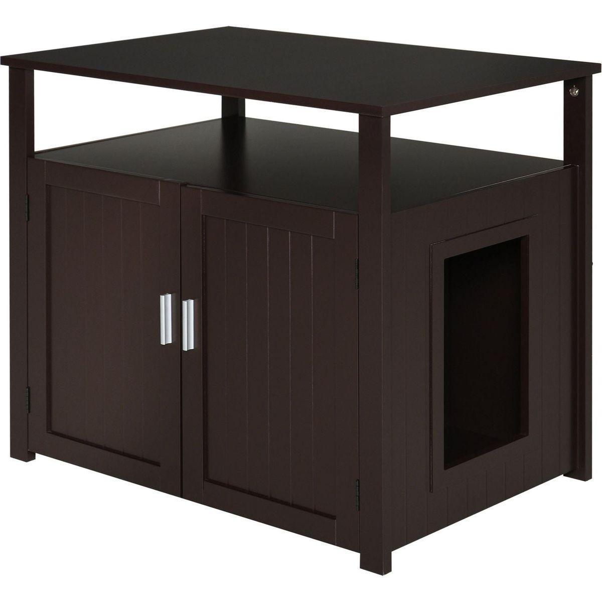Wooden Cat Litter Box Enclosure Furniture with Adjustable Partition, Cat Washroom End Table with Open Shelf, Brown