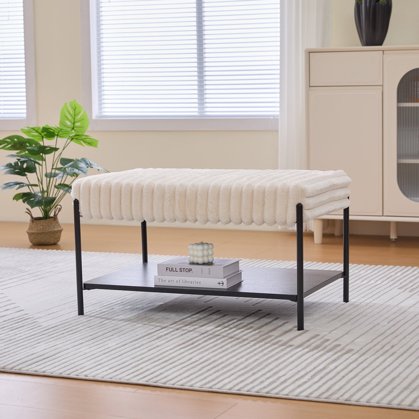 Upholstered Ottoman Coffee Table Foot Rest with Black Metal Legs and Open Storage, Faux Fur, Beige, 30.7' Wide