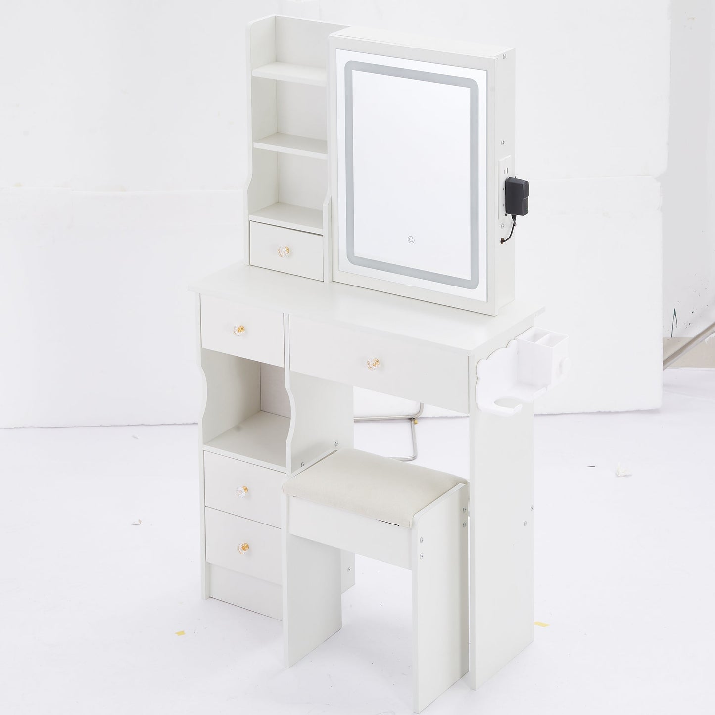 29.2' Small Size Left Drawer Desktop Vanity Table + Cushioned Stool, 2 AC+2 USB Power Station, Hair dryer bracket, Extra Large Touch Control Sliding LED Mirror, Tri-color Switching, Brightness Adjust
