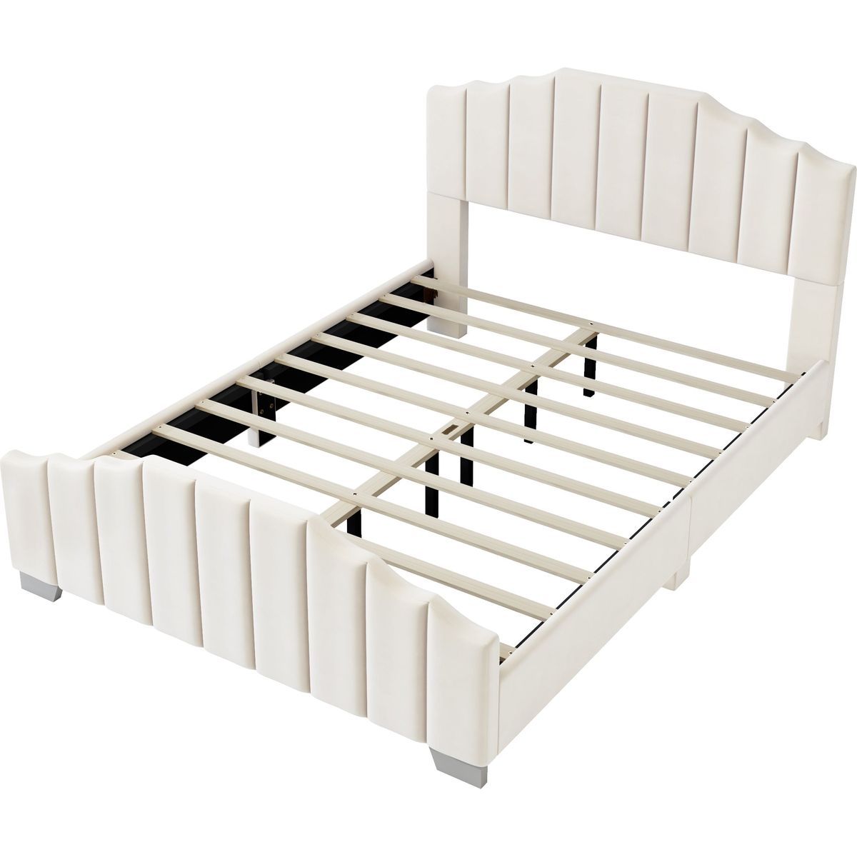 3 Pieces Bedroom Sets Queen Size Velvet Upholstered Platform Bed Vertical Channel Tufted Headboard and Two Three-drawer Nightstands,Beige