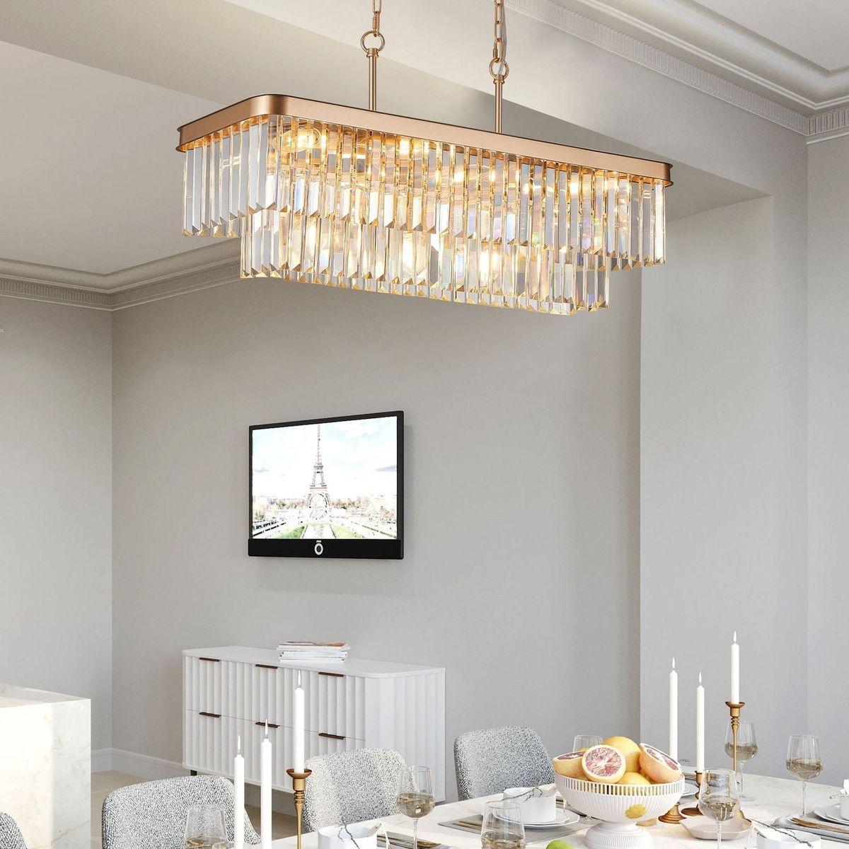 Chandeliers,Rectangular Crystal Chandelier Adjustable,E12 Modern Industrial Crystal Lights,Farmhouse Iron Ceiling Hanging Light for Kitchen Living Room Bedroom/Gold(Bulb Not Included)