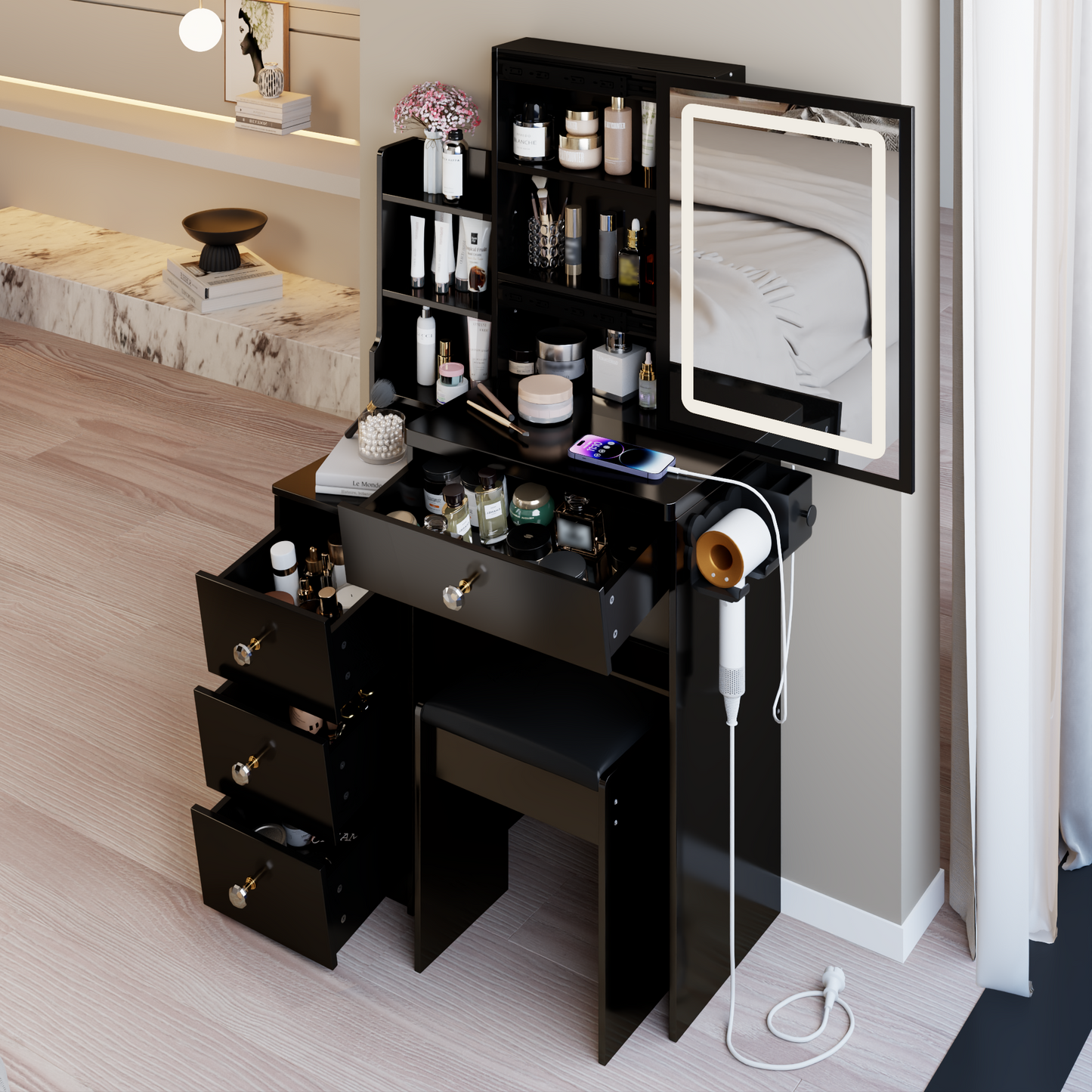 29.2' Small Size Left Bedside Cabinet Vanity Table + Cushioned Stool, 2 AC+2 USB Power Station, Hair dryer bracket, Extra Large Touch Control Sliding LED Mirror, Tri-color Switching, Brightness Adjust