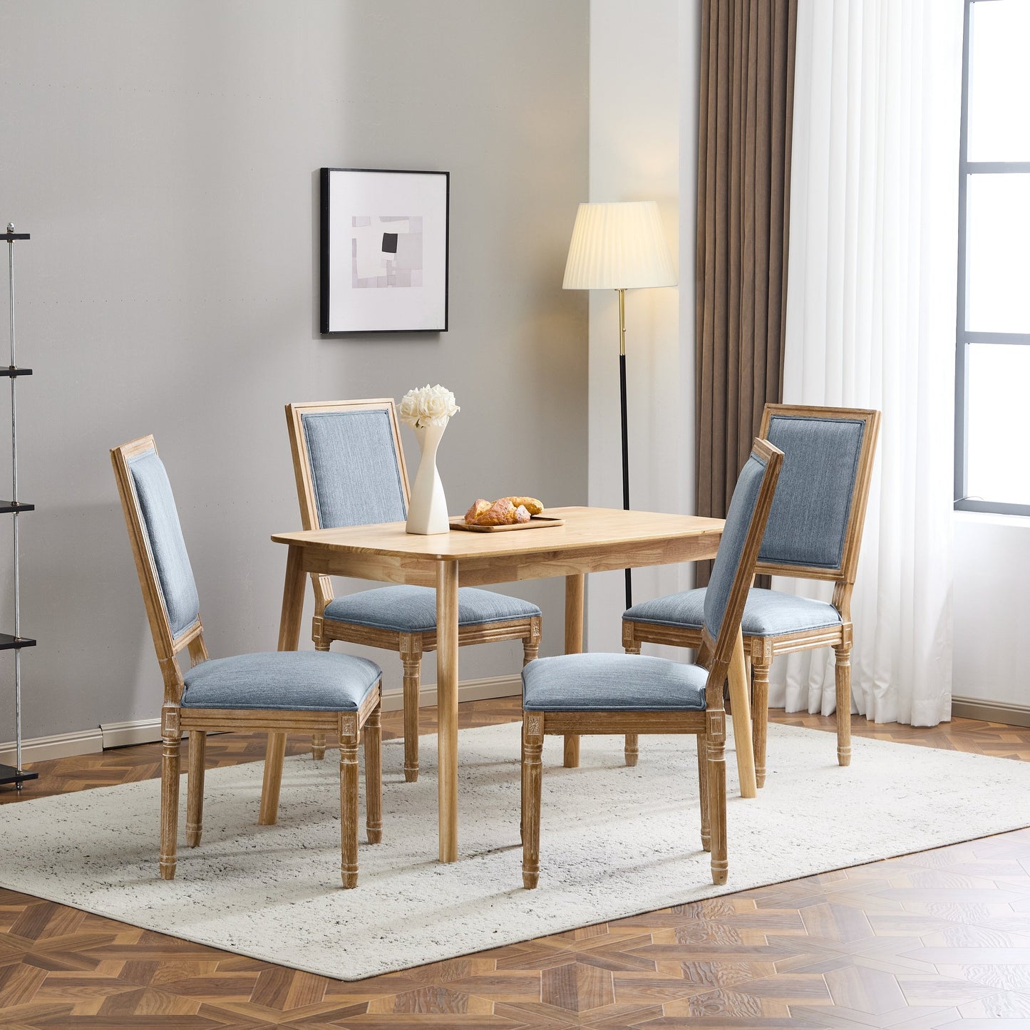 Vintage Inspired French Country Dining Chairs Set of 4 with Cane Backrest & Upholstered Seats, Solid Rubberwood, Slate Blue