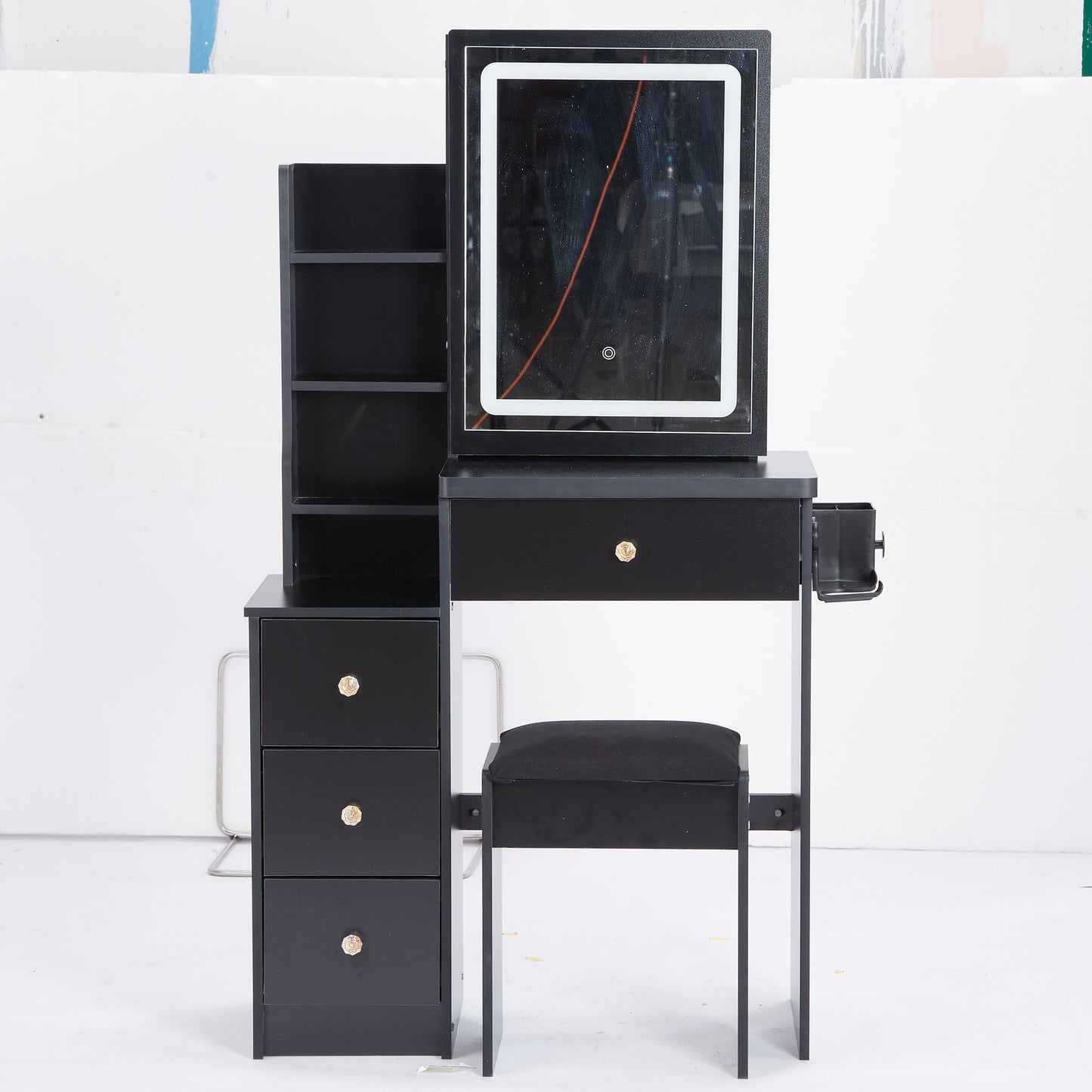 29.2' Small Size Left Bedside Cabinet Vanity Table + Cushioned Stool, 2 AC+2 USB Power Station, Hair dryer bracket, Extra Large Touch Control Sliding LED Mirror, Tri-color Switching, Brightness Adjust