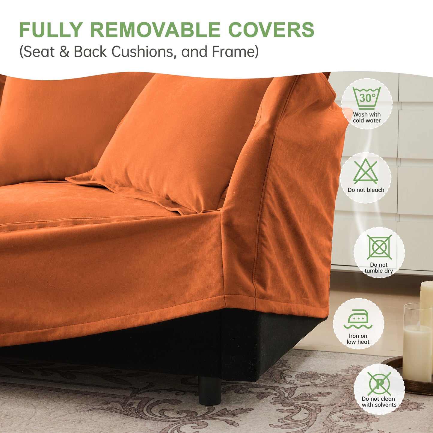 Upholstered Slipcovered Armchair with Ottoman, Deep Seat Armchair W/ Wide Ottoman for Living Room, Armchair Sets with Large Soft Pillows(Set of 2),Chenille Fabric,Orange