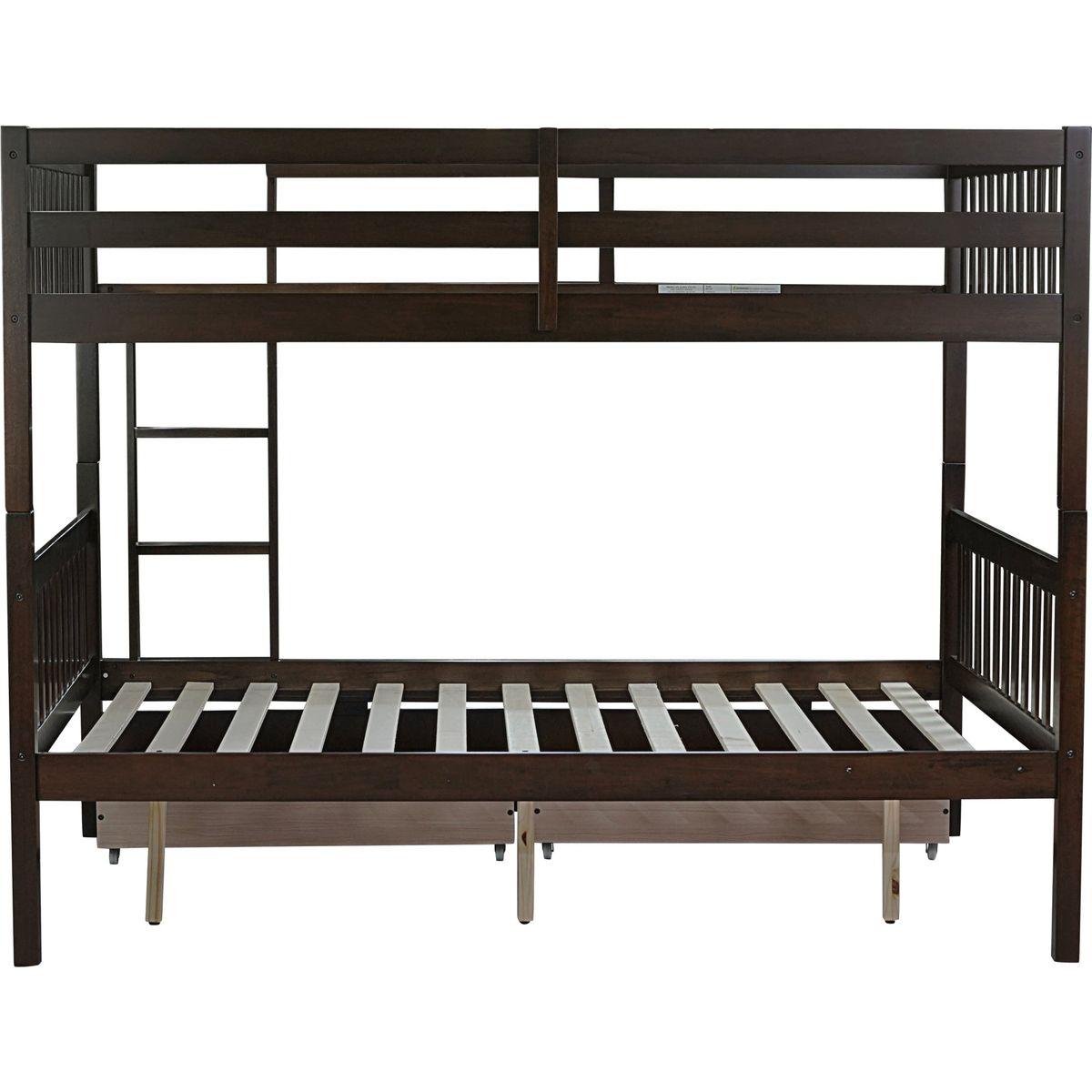 full Over full Rubber Wood Bunk Bed with 2 Drawers, Convertible into 2 full Beds, full Size Bunk Bed with Ladder and Safety Guardrails ,Espresso