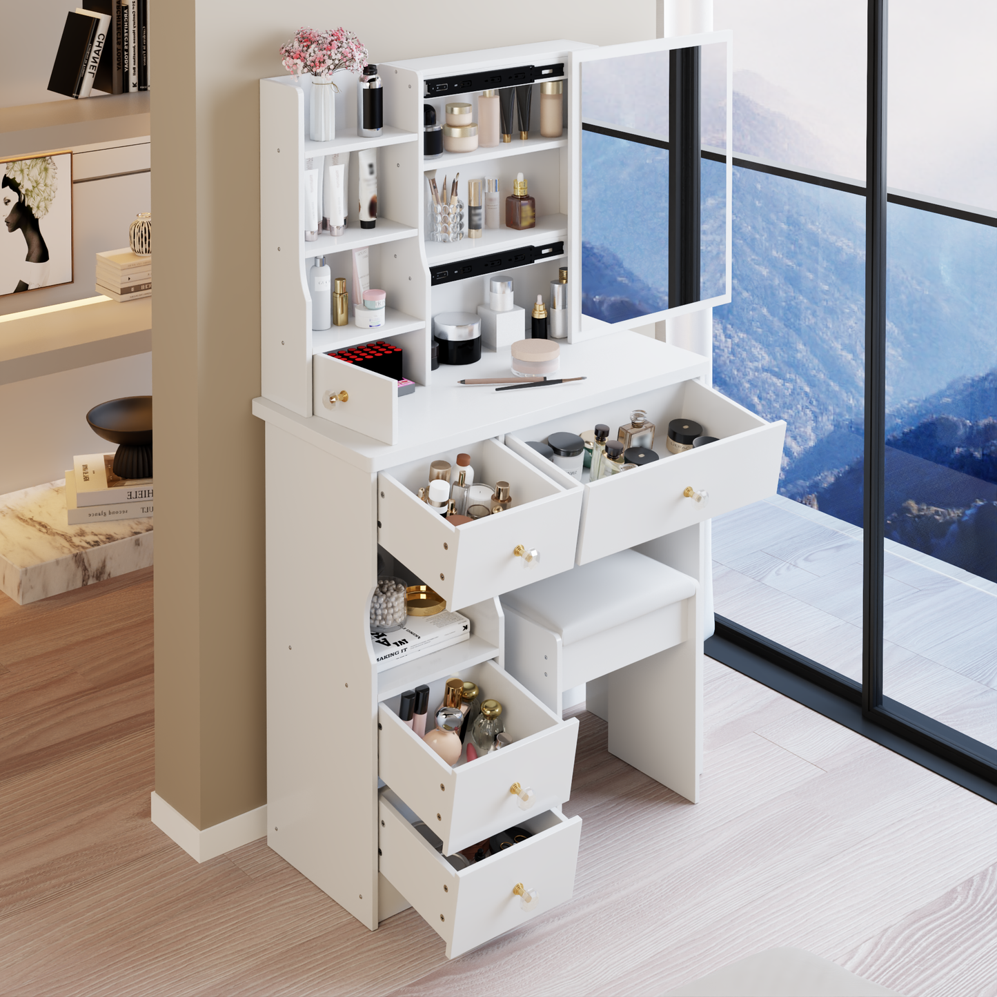 29.2' Small Size Left Drawer Desktop Vanity Table + Cushioned Stool, Extra Large Right sliding mirror, Multi Layer High Capacity Storage, Practical Fashionable Dresser, Suitable For Small Space