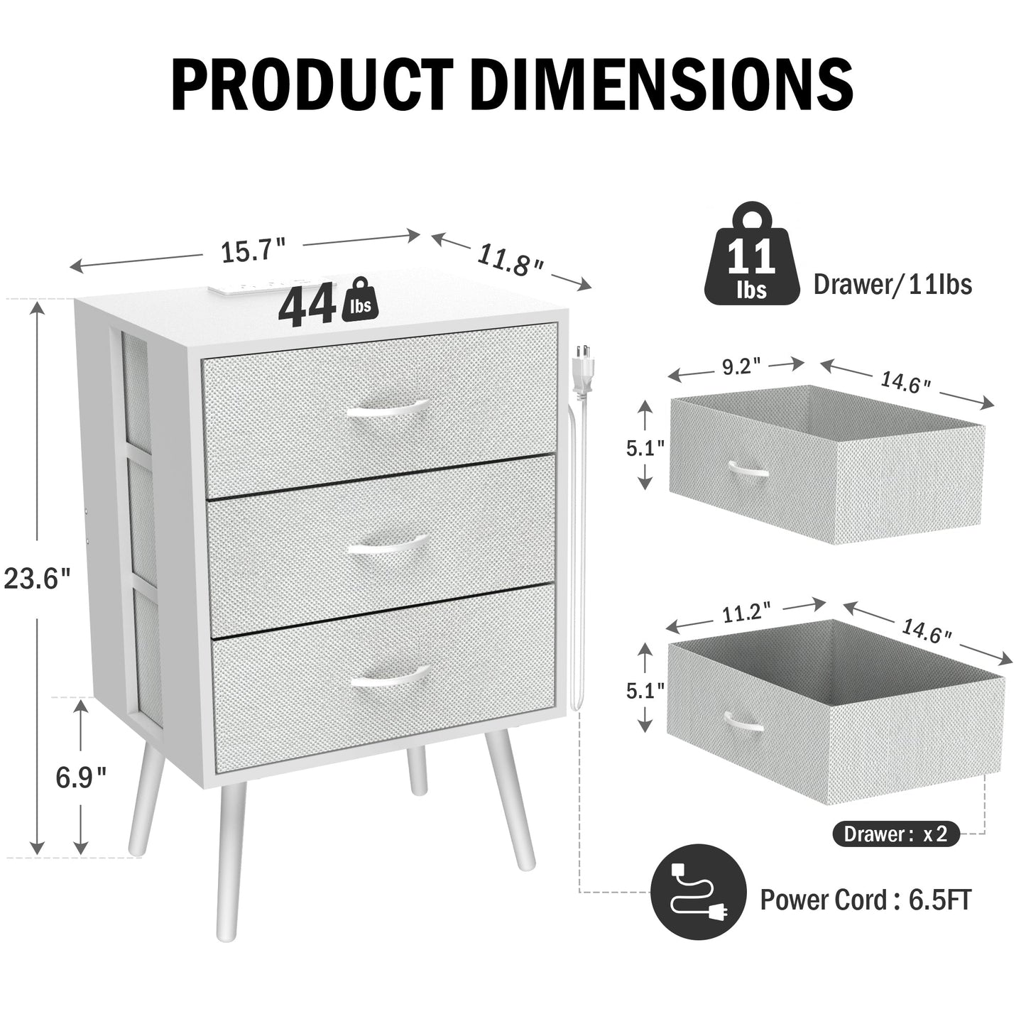 2 Pack Modern Nightstand with Charging Station, Bedside Tables with LED Light and Fabric Drawers