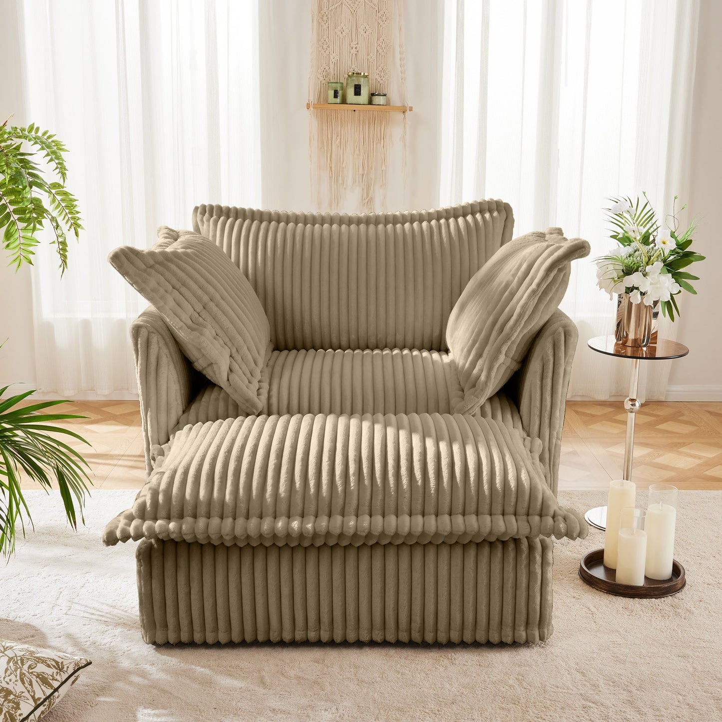 Upholstered Slipcovered Armchair with Ottoman, Deep Seat Armchair W/ Wide Ottoman for Living Room, Armchair Sets with Large Soft Pillows(Set of 2), Camel Corduroy Fabric
