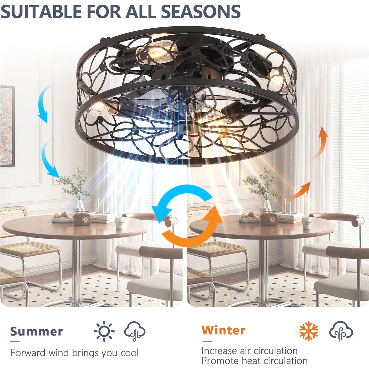 18-inch Black Vintage Caged Ceiling Fan Light – Quiet Operation, Remote Control, Industrial Style for Living Room, Bedroom, and Kitchen (Bulb Not Included)