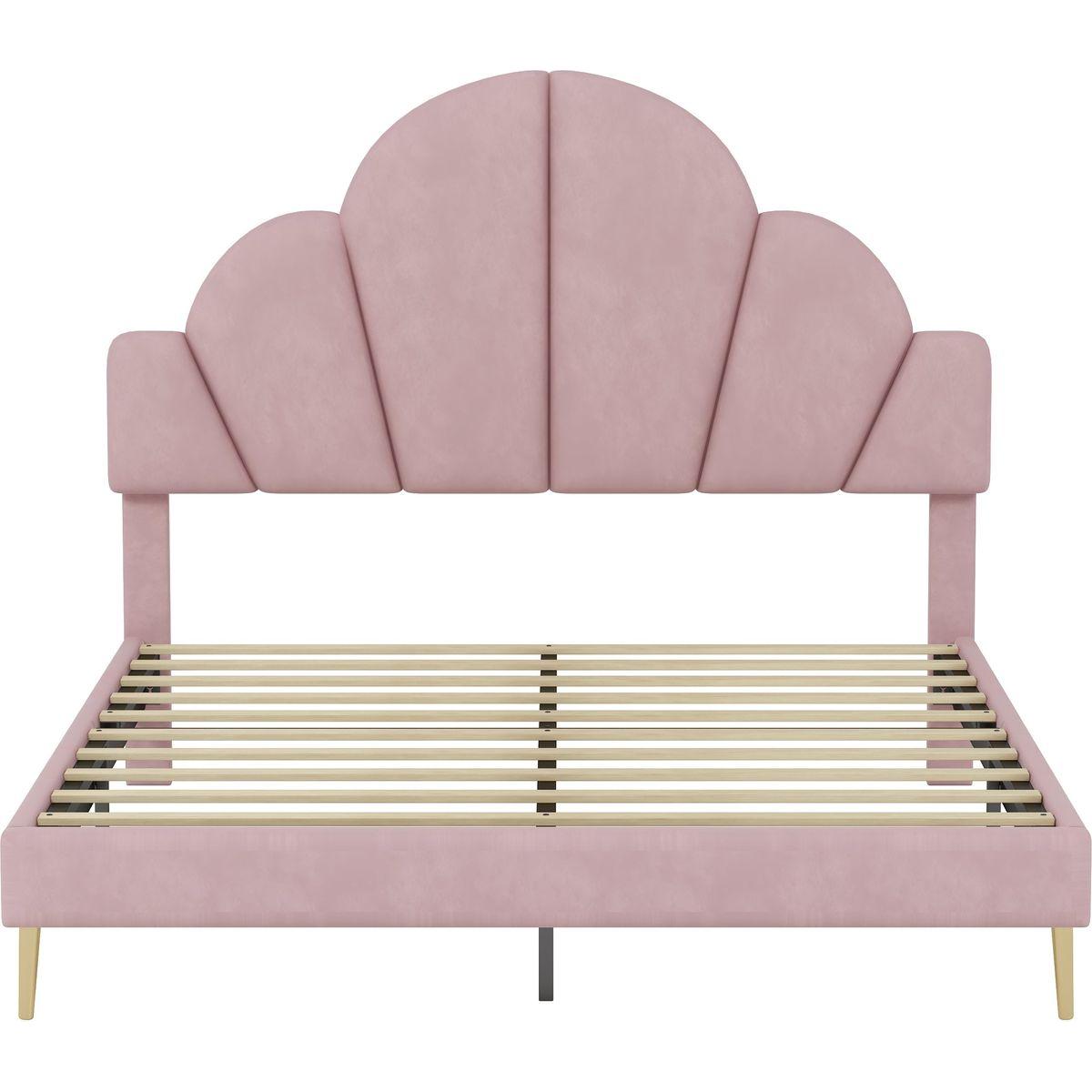 3 Pieces Bedroom Sets, Queen Size Modern Velvet Upholstered Bed Frame with Petal Shape Headboard, 3 Drawers Nightstands, Pink