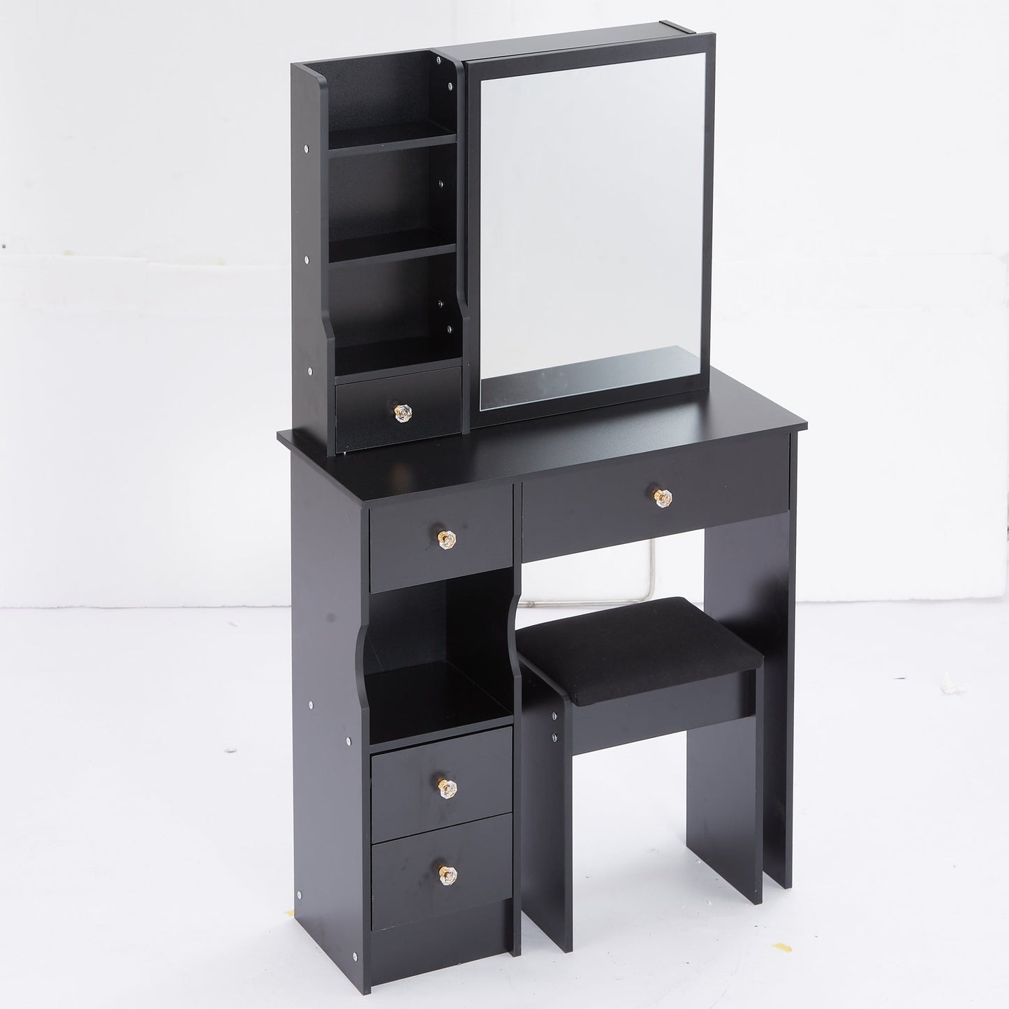 29.2' Small Size Left Drawer Desktop Vanity Table + Cushioned Stool, Extra Large Right sliding mirror, Multi Layer High Capacity Storage, Practical Fashionable Dresser, Suitable For Small Space